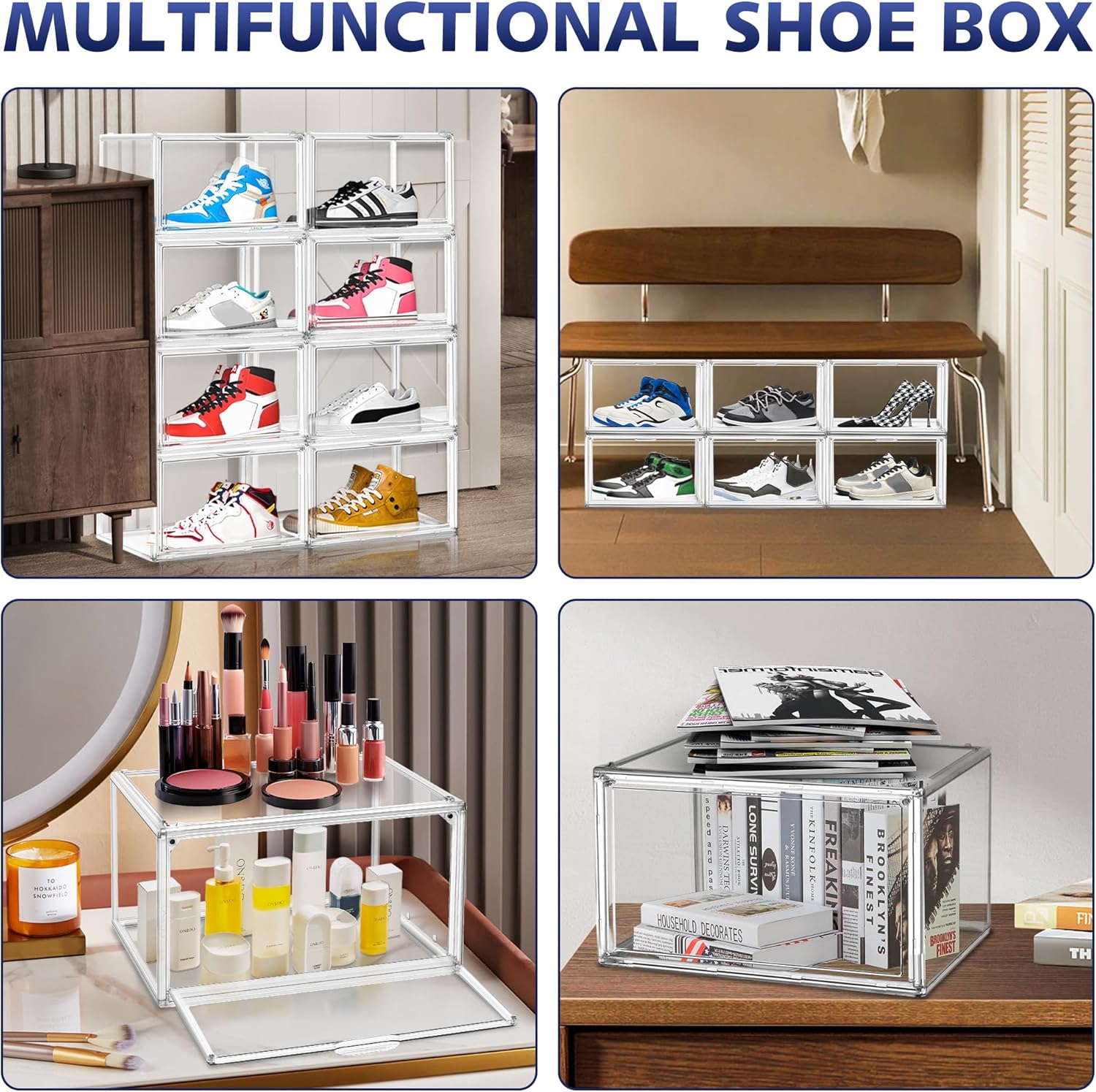 12 Pack Shoe Organizer Clear Plastic Stackable Shoe Storage Boxes with Magnetic Lid Acrylic Display Case Shoe Sneaker Rack for Closet,Fit up to US Size 12