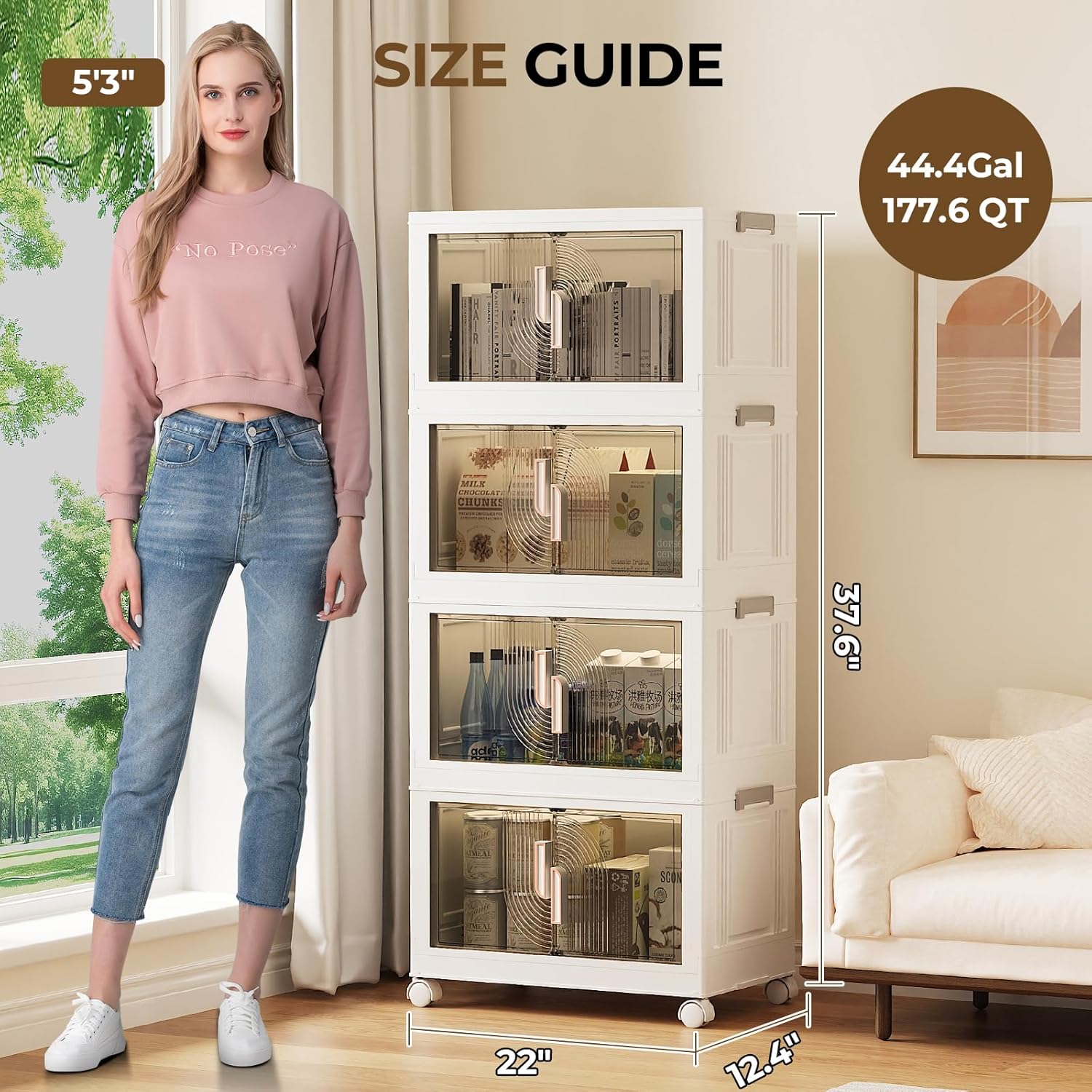 Elegant 4 Tiers Stackable Storage Bins for Home Organization, Moveable Plastic Storage Bins with Lids, Easy Assembled Storage Box for Closet Organizers and Storage Dorm 22" W x 12.4" D x 49.4" H