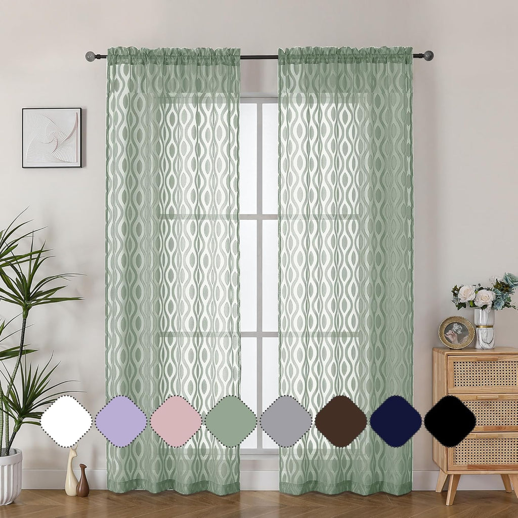 Aiyufeng Sheer Green Curtains 84 Inches Long 2 Panels, Modern Airy Light Filtering Wavy Line Clip Jacquard Window Treatments for Bedroom Living Room, Rod Pocket Curtain Drapes, Total 80 inches Width
