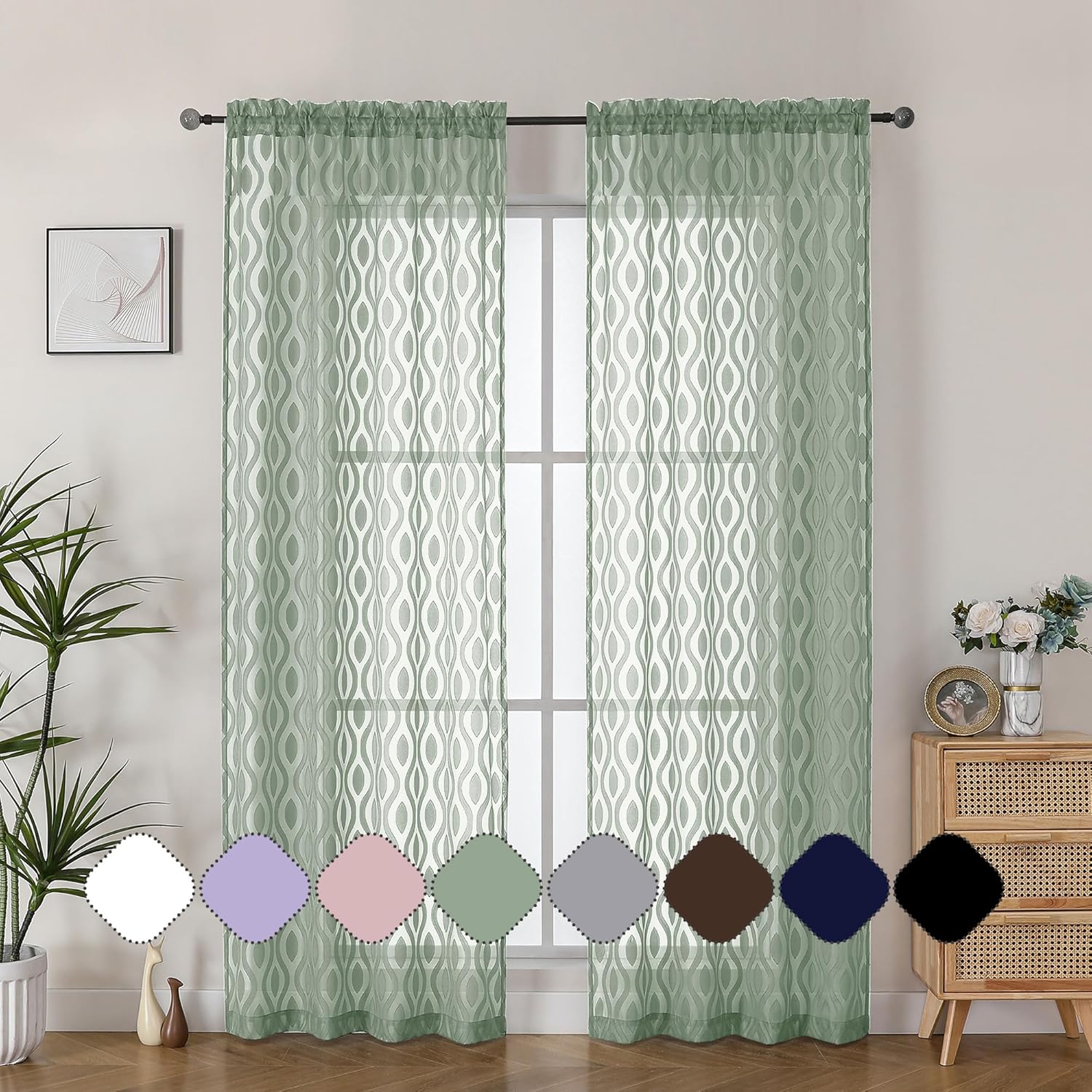 Aiyufeng Sheer Green Curtains 84 Inches Long 2 Panels, Modern Airy Light Filtering Wavy Line Clip Jacquard Window Treatments for Bedroom Living Room, Rod Pocket Curtain Drapes, Total 80 inches Width