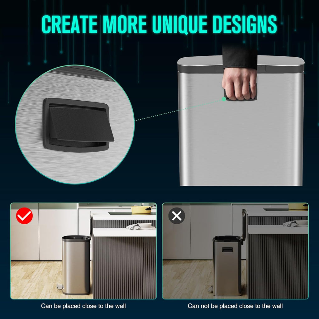 13 Gallon Stainless Steel Foot Pedal Large Trash Can with Soft Close Quiet Curved Surface Top Lid and Deodorant Storage Space, with 30 Garbage Bags for Kitchen/Home/Office Trash can and More - Silver