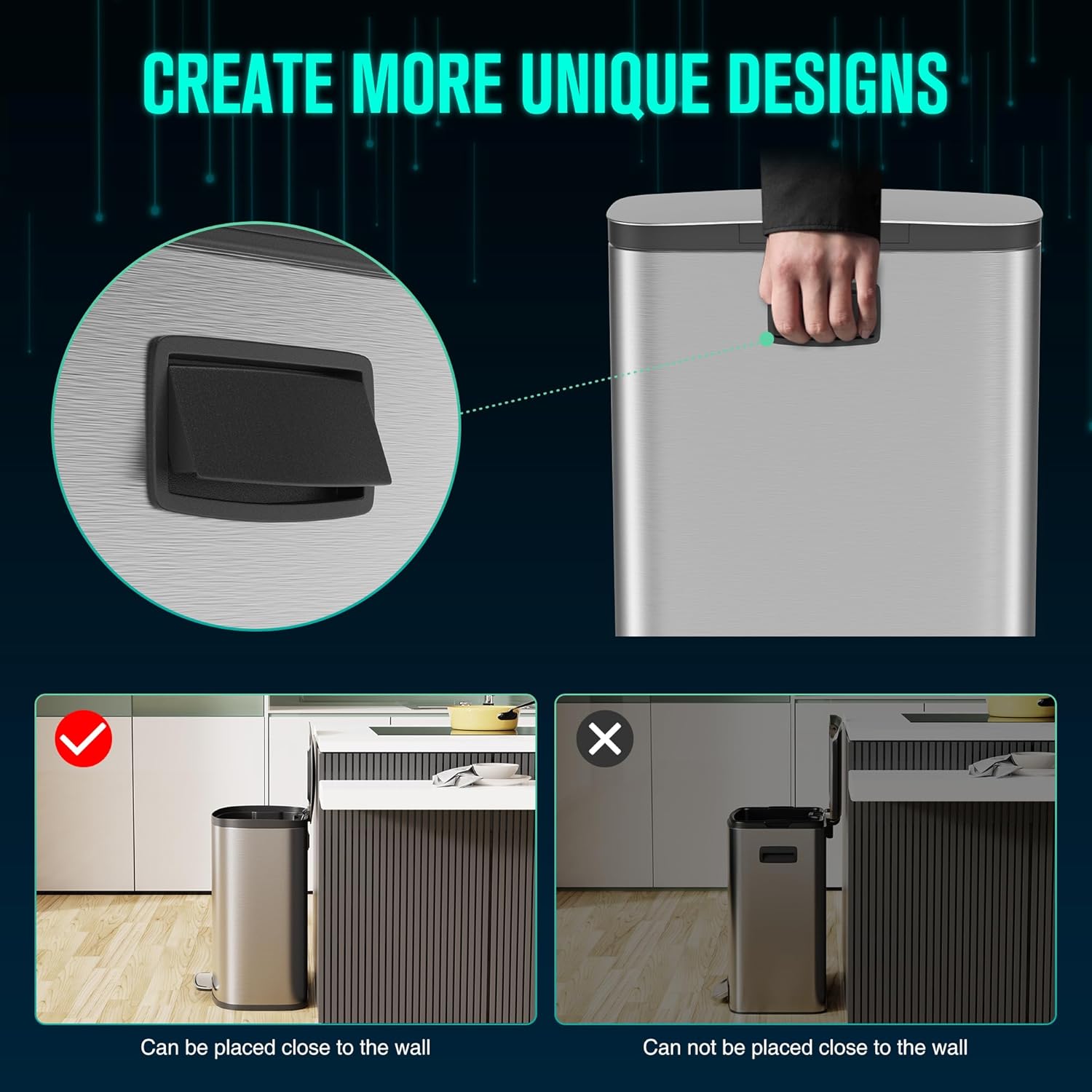 13 Gallon Stainless Steel Foot Pedal Large Trash Can with Soft Close Quiet Curved Surface Top Lid and Deodorant Storage Space, with 30 Garbage Bags for Kitchen/Home/Office Trash can and More - Silver