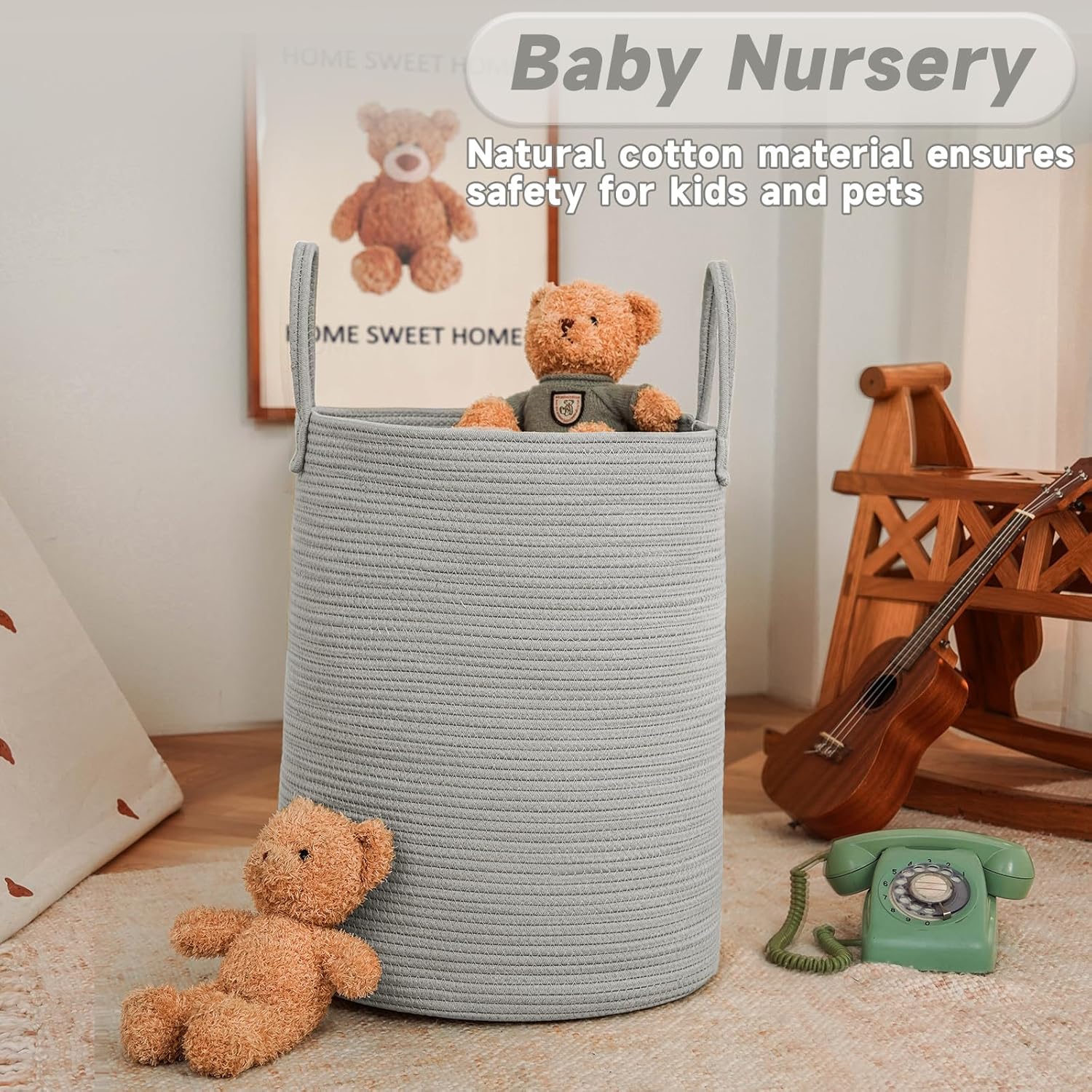 Large Woven Laundry Basket Hamper,100L Cotton Rope Storage Bin for Blankets,Toys and Clothes,Decorative Tall Nursery Hamper for Living Room,Baby Nursery,Bathroom and Bedroom,Grey