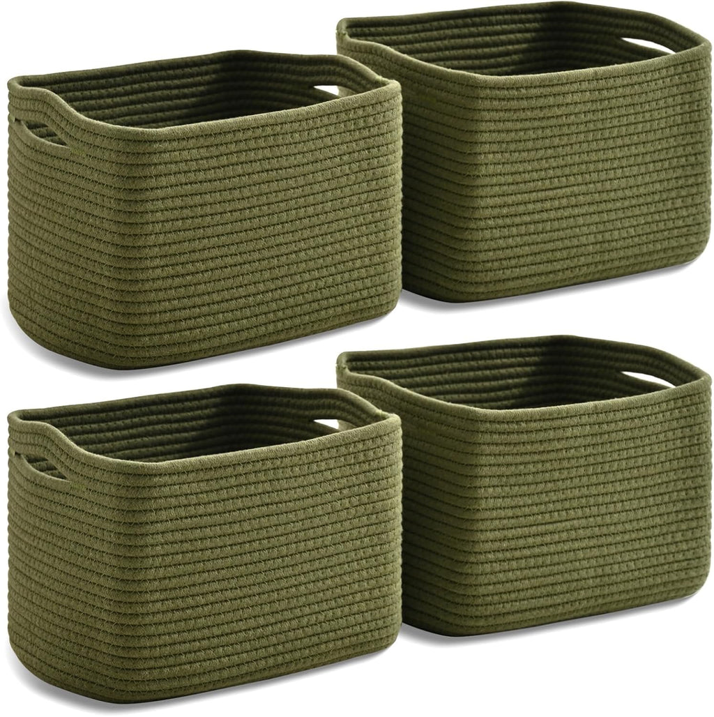 Small Storage Baskets for Organizing, Woven Storage Baskets for Shelves, Cotton Rope Basket for Storage, Cute Rectangular Book Toy Green Basket, 12.7"×9.1"×7.9", 4 Packs, Green