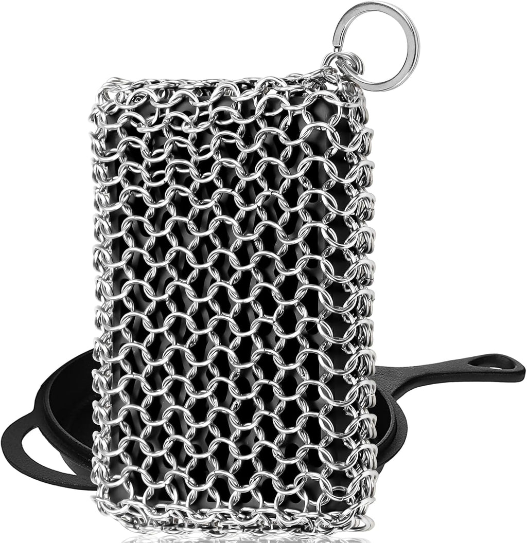 Herda Chain Mail Cast Iron Cleaner Scrubber,316 Chainmail Pan Scrubber Metal Cleaning Brush, Pad, Sponge Scraper to Clean Skillet,Dutch Oven, Wok,Grill Griddle,Chain Link Scrub Brush Pot Care Kit