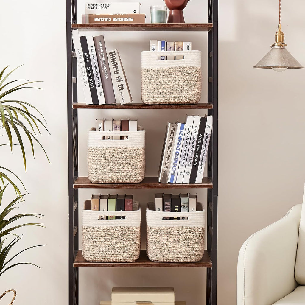 OIAHOMY 4 Pack Storage Baskets for Organizing, Basket for Shelves with Handle, Woven Baskets for Storage Toys, Towels, Books, Cotton Rope Basket 13" L x 9 " W x 7.8 " H, Brown & White