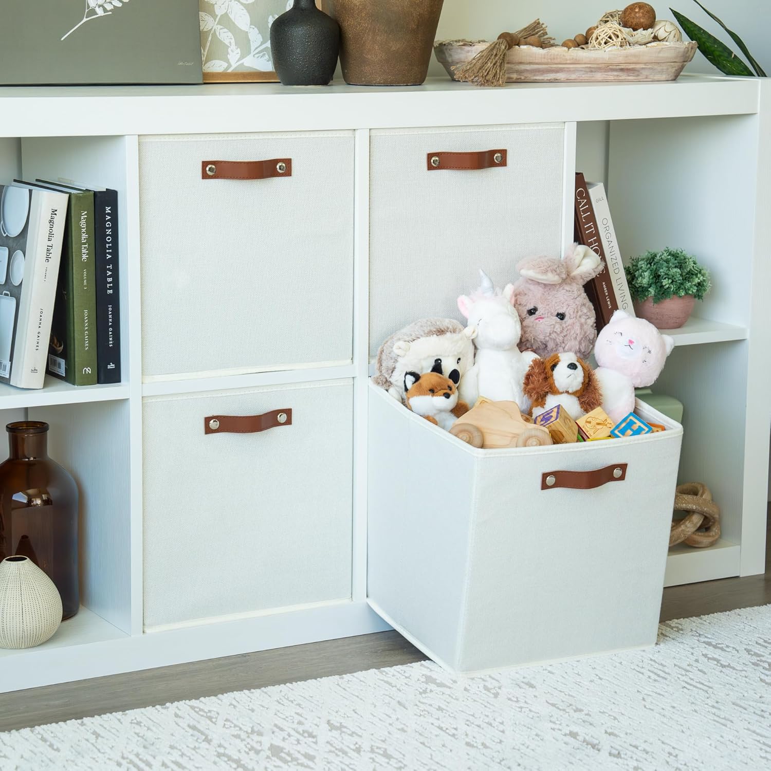 OrganiHaus 13x13 Cube Fabric Storage Bins Set of 4, Fabric Storage Cubes w/ Vegan Handles, 13 inch Collapsible Bins for Clothes & Toy Organizer, Cubbies Organizer, 13x13 Basket for Decor - White