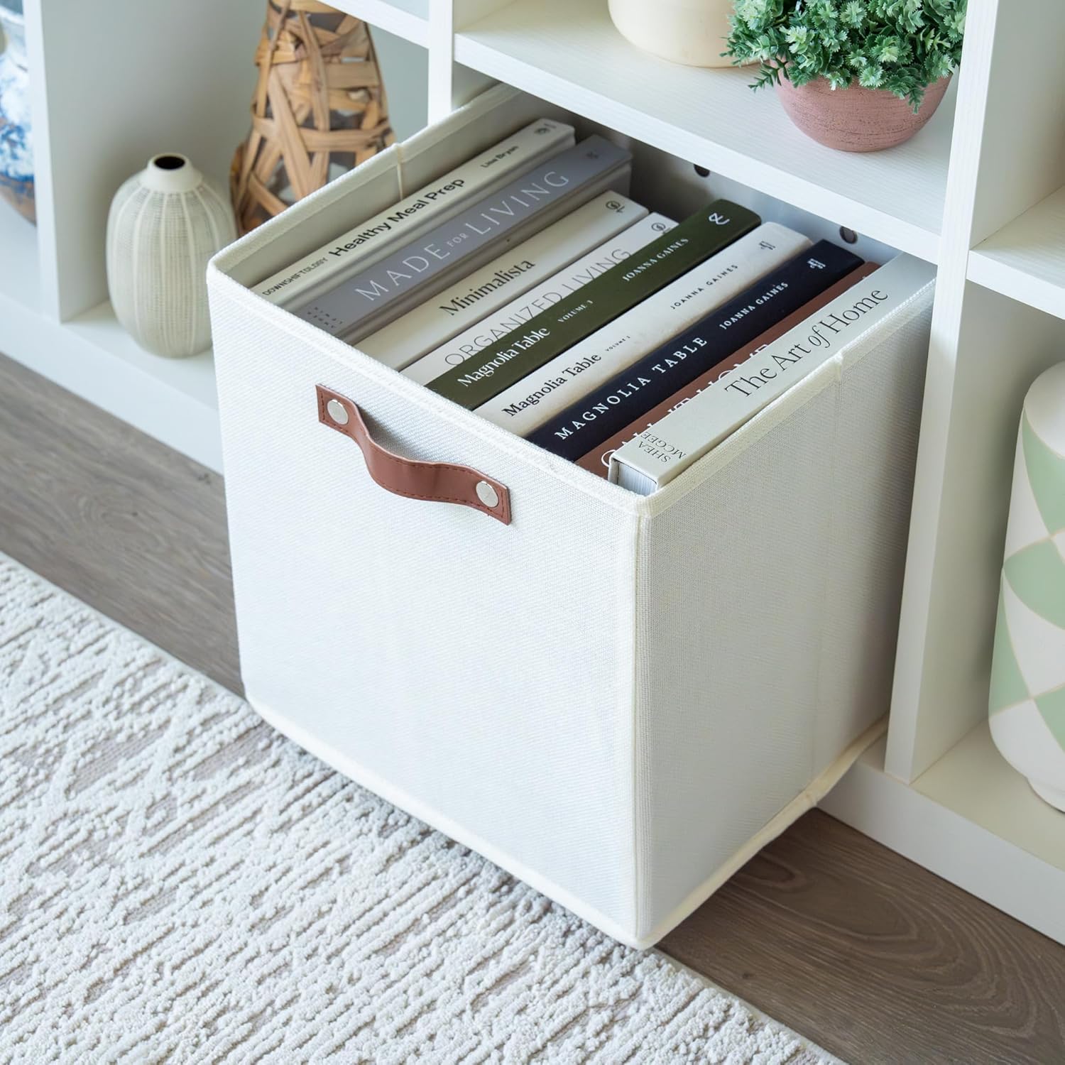 OrganiHaus White 12x12 Fabric Storage Bins - Set of 4, Cube Fabric Organizer Bins with Vegan Handles, Kallax Storage Cubes, Cubbies Organizer Boxes, 12Inch Cubic Baskets for Shelves