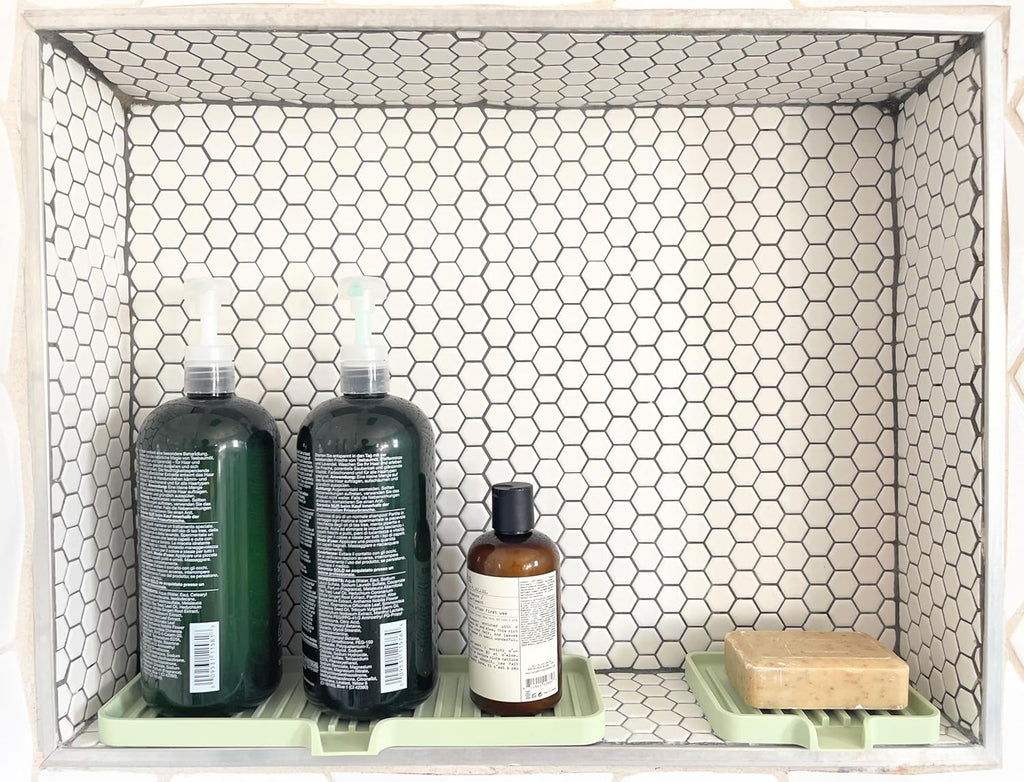 Happitasa Silicone Soap Dish Tray and Sponge Holder with Drain Chute, Pack of 2 | Bathroom and Kitchen Sink Organizer Caddy (Pistachio, 5.2"x4", 7.2 Ounces)