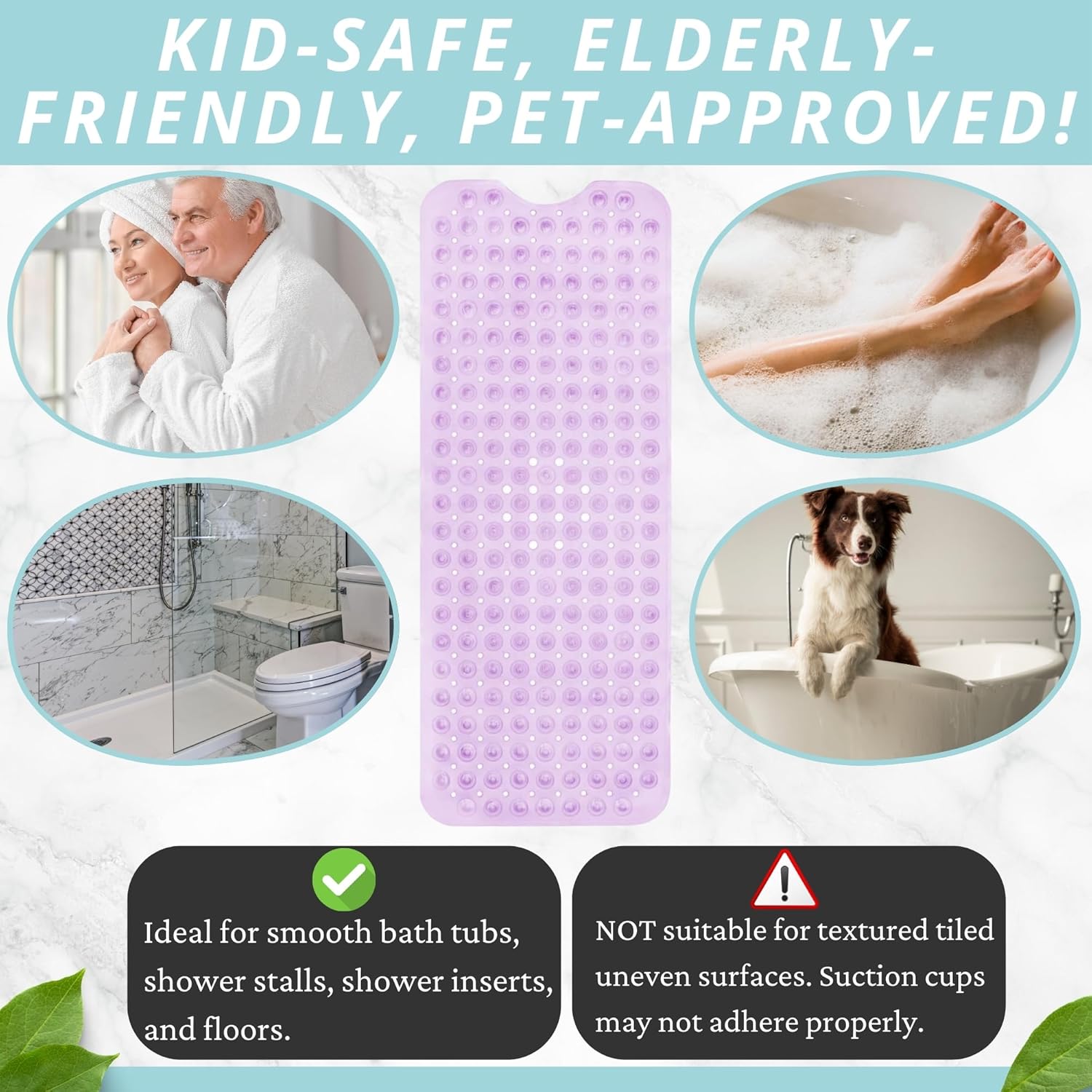 ENKOSI Bath Mat - Large Non Slip Bathtub & Shower Mat - Extra Long 40 x 16 Inch Bathroom Mats for Tub Nonslip Anti Slip Bathmats (40x16 Clear Purple 1-Pack)