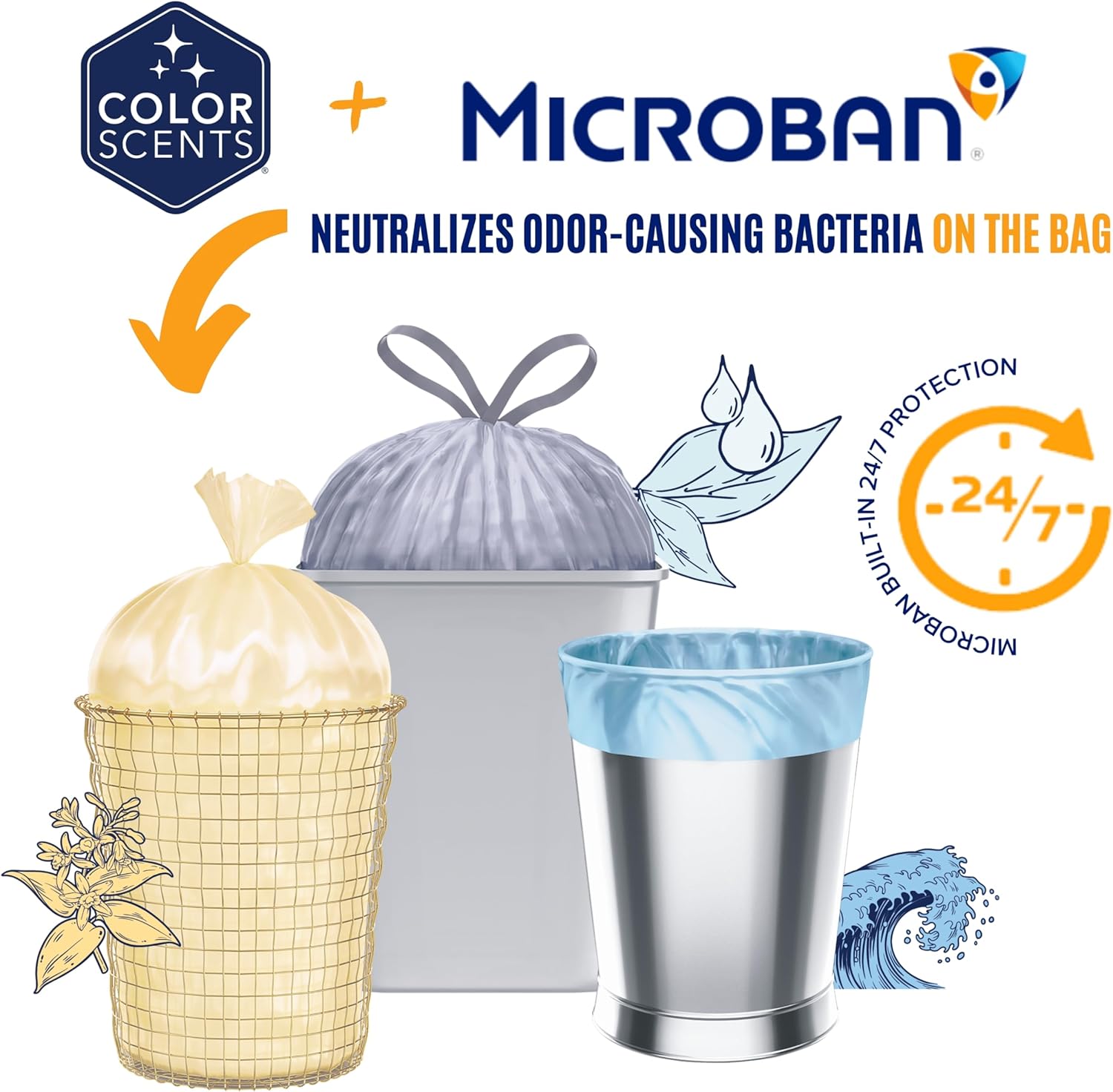 Color Scents Tall Kitchen Trash Bags - 13 Gallon, 100 Bags (1 Pack of 100 Count), Drawstring - White bag in Lavender + Sage Scent with Microban