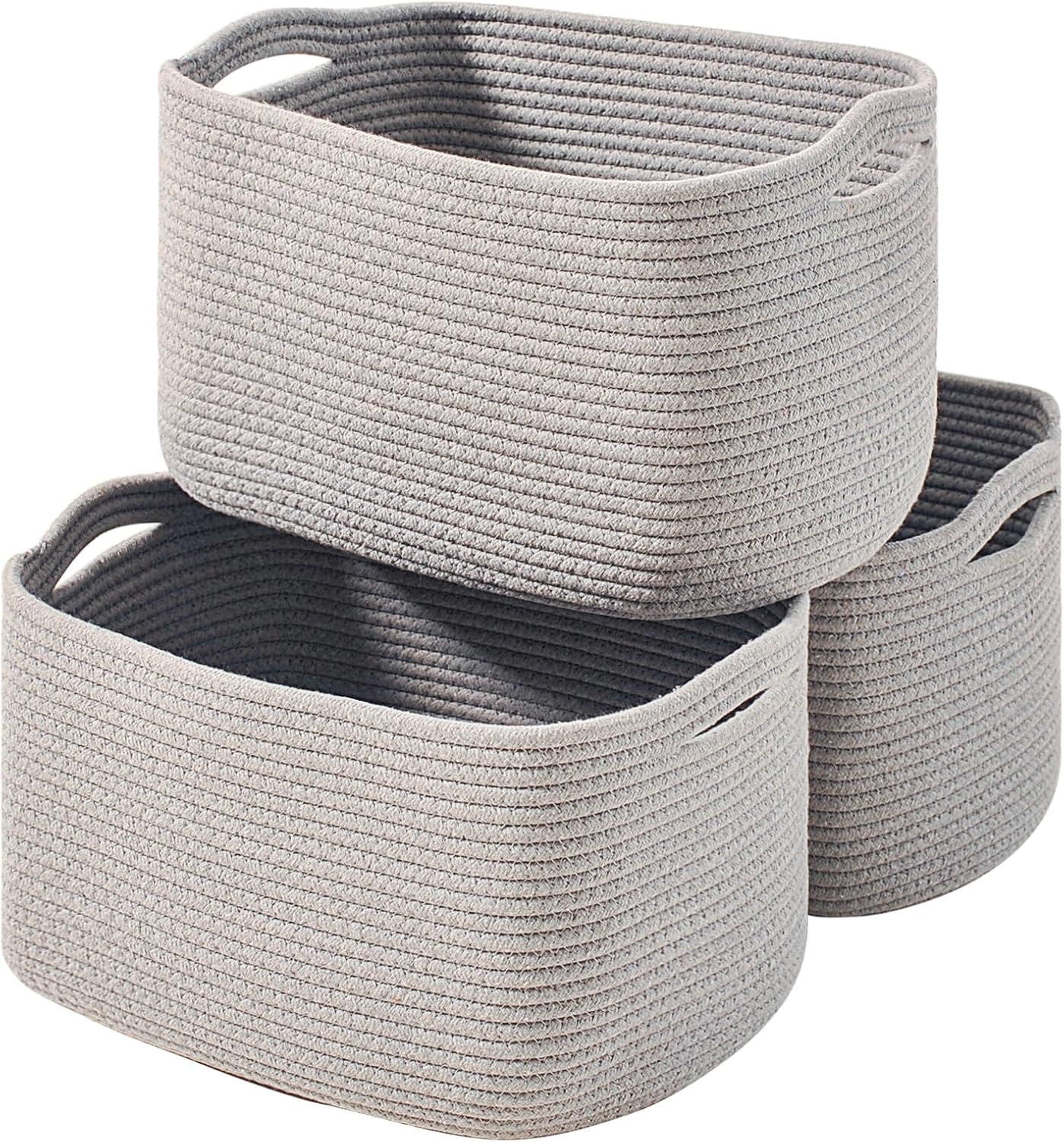 Storage Baskets for Organizing Shelves, Woven Cotton Rope Bins for Baby Nursery Organization, Book Toy Towel Organizer, 15"x11"x9.5", 3 Packs, Grey