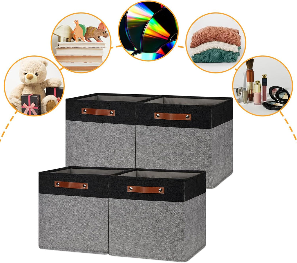 DULLEMELO 13x13 Storage Cubes, Collapsible Sturdy Cube Storage Bins With Handles for Organizing,Fabric Storage Cubes Baskets for Shelves Nursery Closet Home Organization and Storage (Black&Grey)