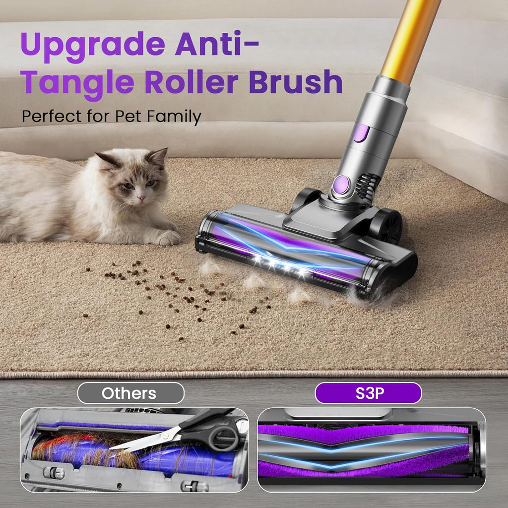 S3P Cordless Vacuum Cleaner, 45kPa Powerful Suction Vacuum Cleaners for Home, 55-Min Runtime Rechargeable Stick Vacuum, Self-Standing, for Pet Hair Carpet Hard Floor, LED Display