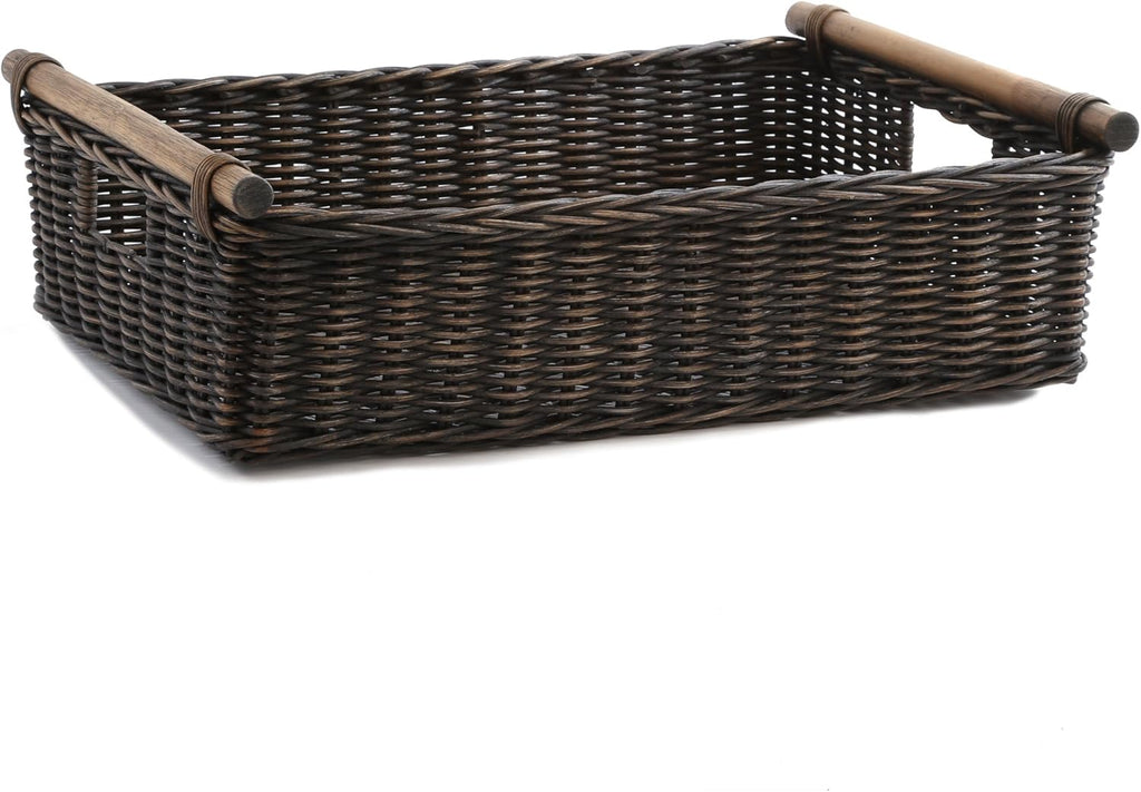 The Basket Lady Low Pole Handle Wicker Storage Basket, Large, 19.5 in L x 12.5 in W x 6 in H, Antique Walnut Brown