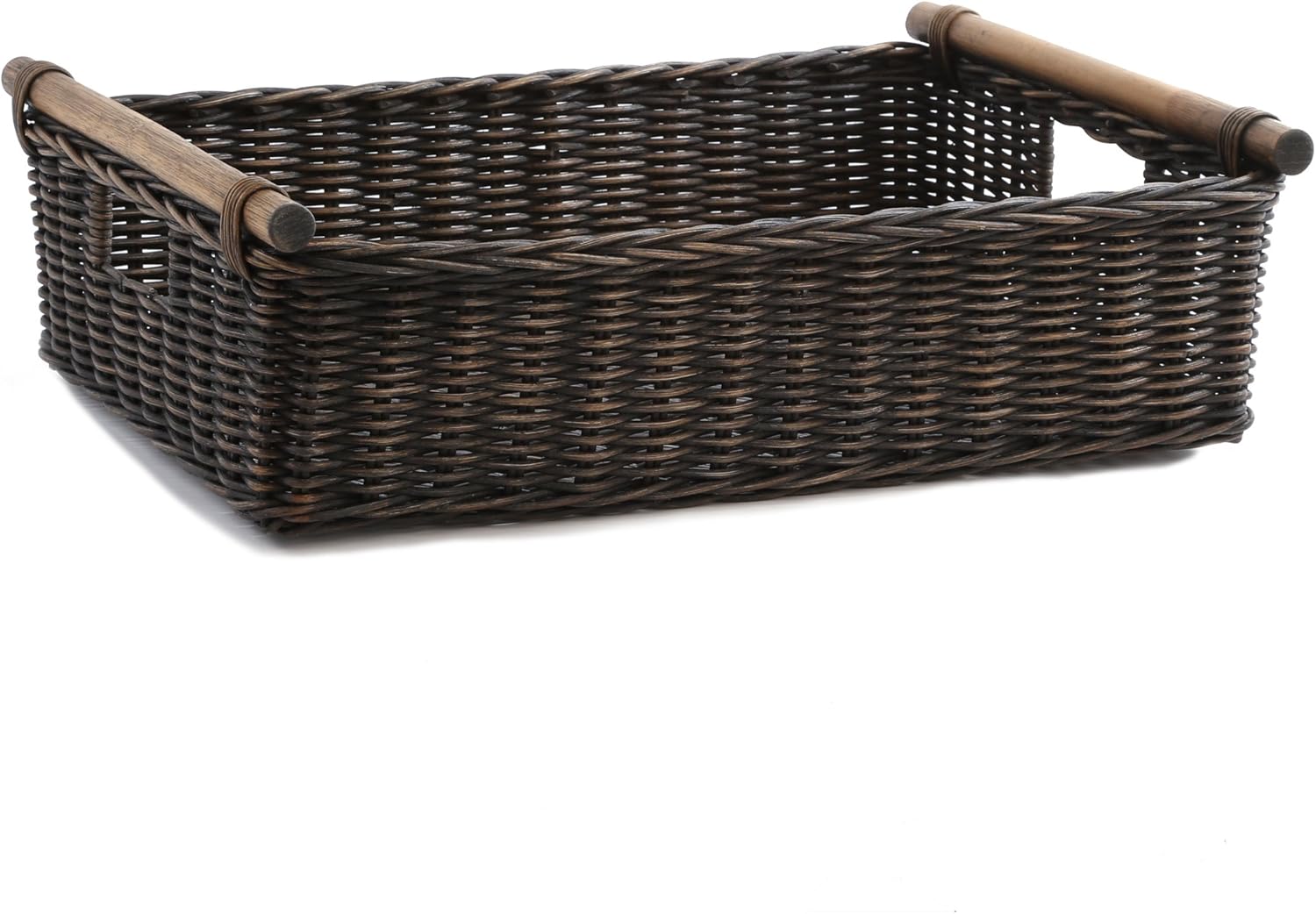 The Basket Lady Low Pole Handle Wicker Storage Basket, Large, 19.5 in L x 12.5 in W x 6 in H, Antique Walnut Brown