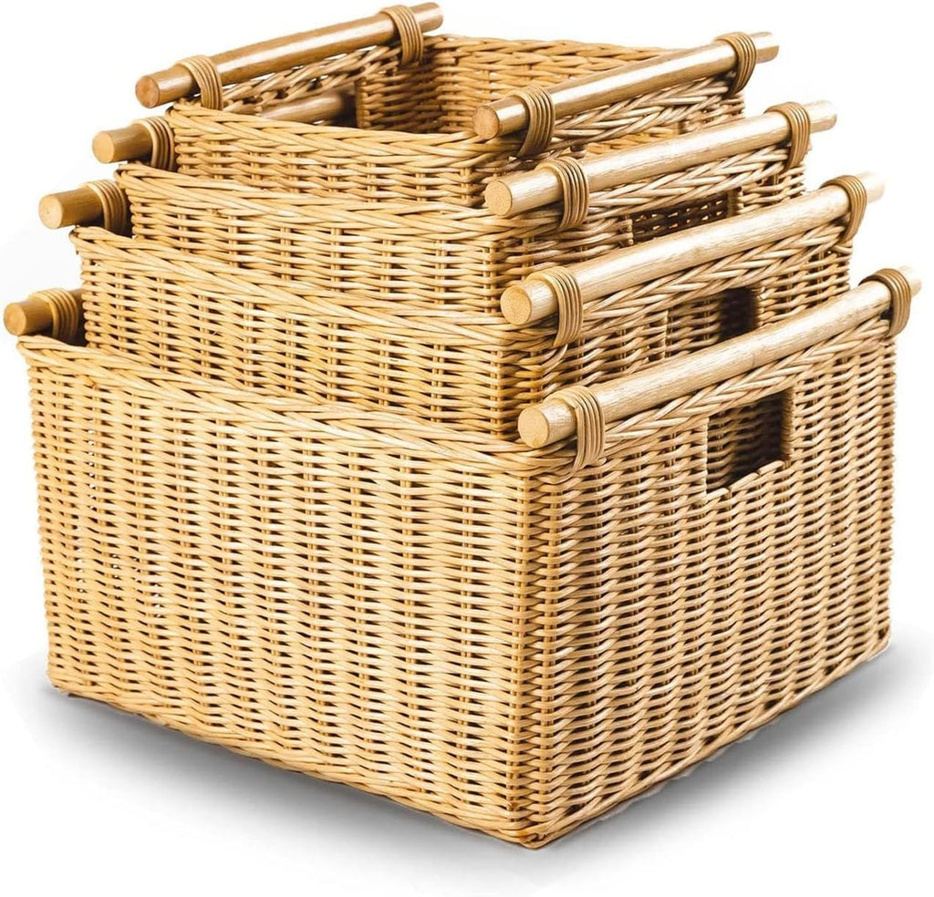 The Basket Lady Deep Pole Handle Wicker Storage Basket, Large, 15 in L x 15.5 in W x 9.5 in H, Sandstone