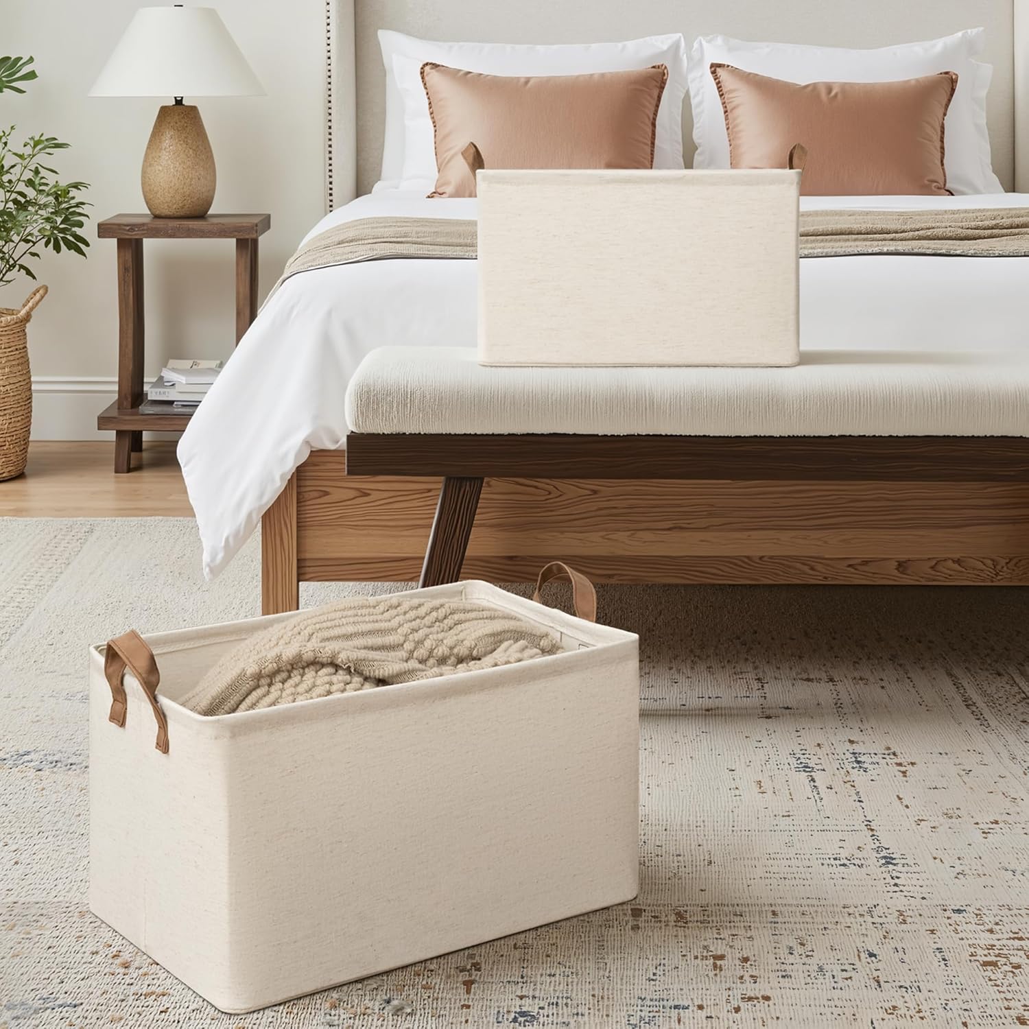 StorageWorks Storage Bins, Shelves Baskets for Organizing, 45L Extra Large Fabric Closet Organizers with Handles, Metal Frame, Beige（Cotton-linen）, 2-Pack