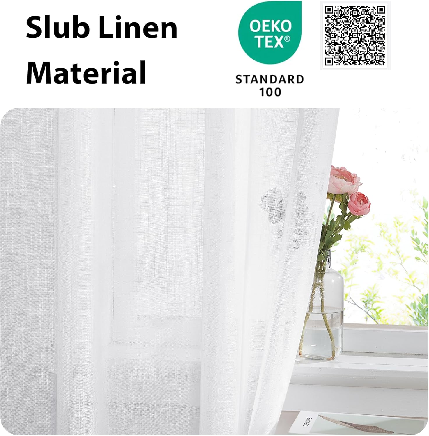 NICETOWN Sheer French Door Curtain, White Linen Door Window Curtain Rod Pocket Light Filtering Drapes for Living Room Tieback Included(26" Width x 72" Lngth, 1 Panel)