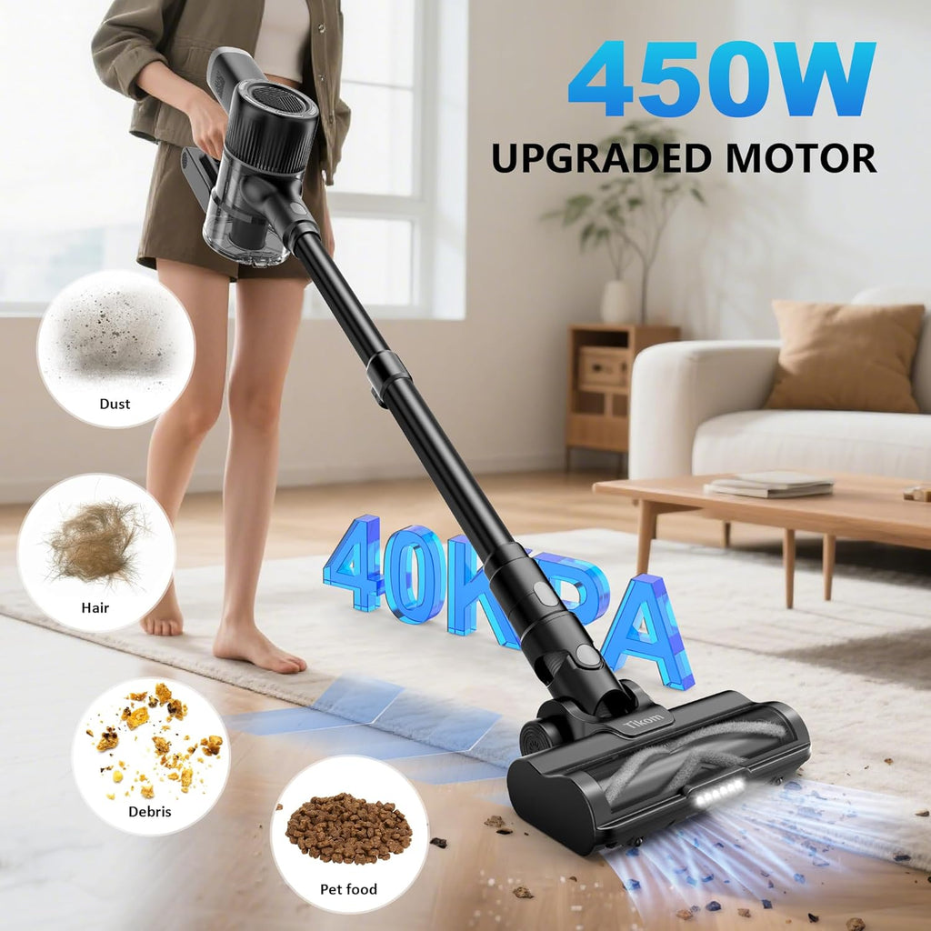 Tikom Cordless Vacuum Cleaner for Home, 40000Pa/450W Stick Vacuum with Charging Wall Dock, Anti-Tangle, Lightweight Handheld Vacuum for Pet Hair, Hard Floor, Carpet, V450