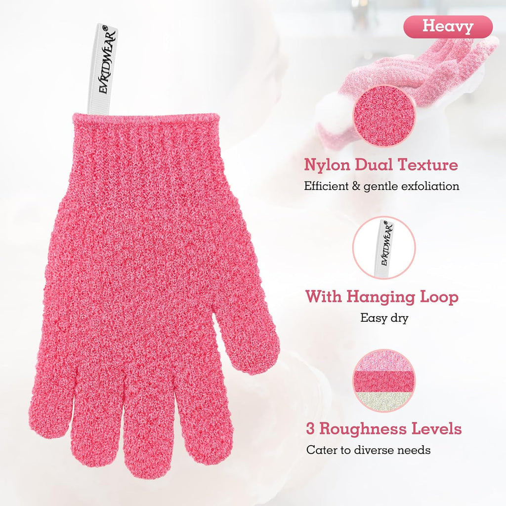 Evridwear Exfoliating Gloves for Shower, 100% Nylon Thick Soft Medium Heavy Bathing Gloves Dead Skin Remover Body Scrubber Smooth Skin with Hang Loop, 2 Pairs Heavy Hot Pink