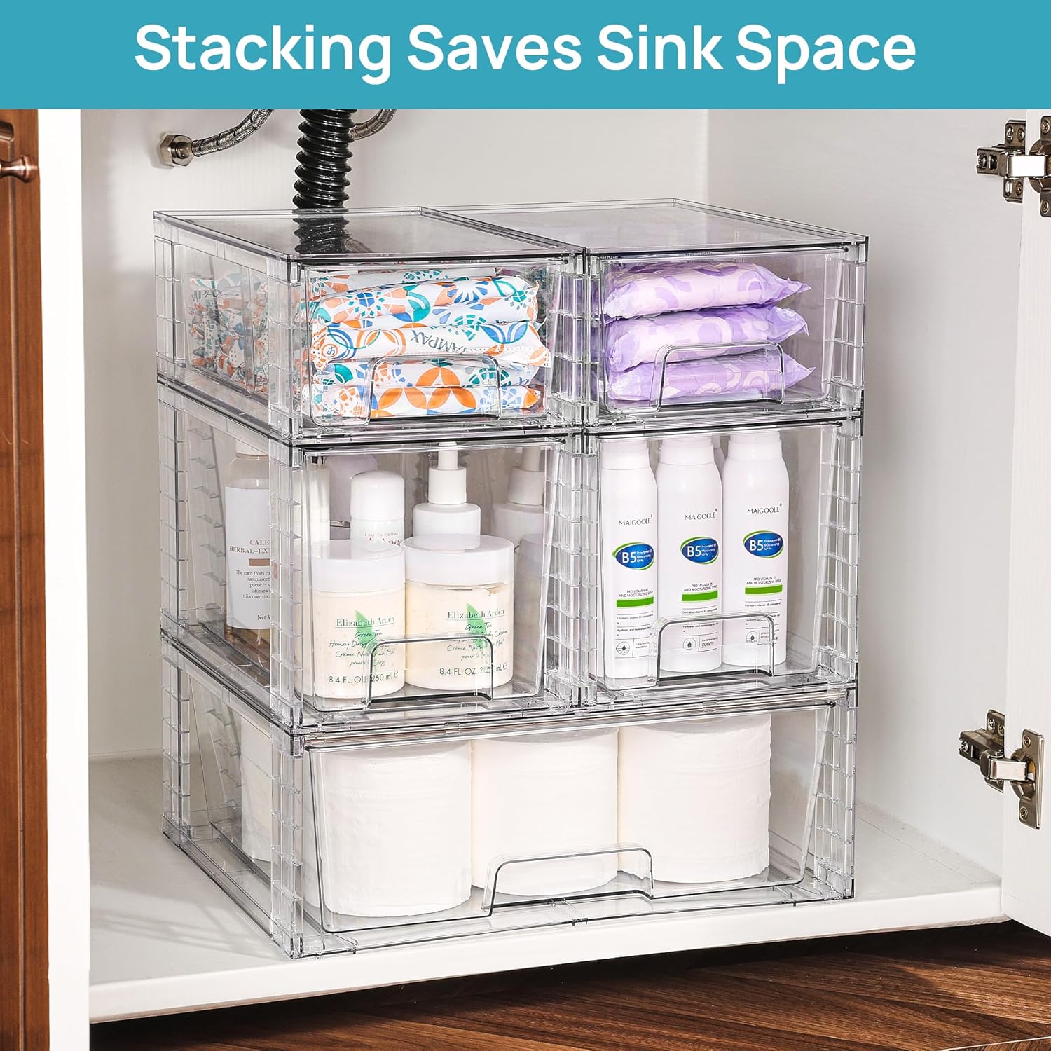 Vtopmart Clear Stackable Storage Drawers Set of 5, Easily Assemble Acrylic Bathroom Undersink Organizers,Plastic Storage Bins for Closet,Cabinet,Pantry,Medicine Organization