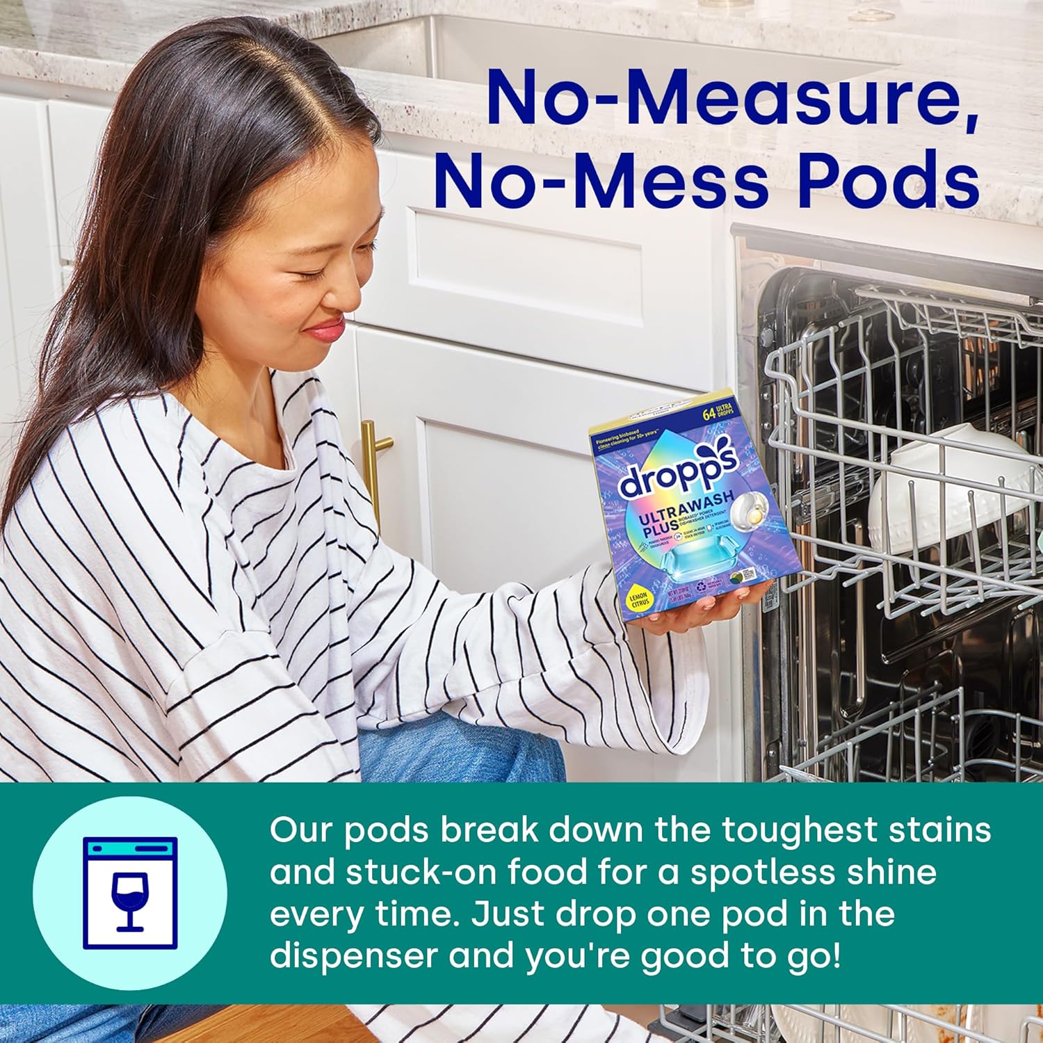 Dropps UltraWash Plus Dishwasher Detergent, Unscented (64 Pods) - Triple Action Biobased Power Deep Clean Dishwasher Detergent Tablets for Tough Stains - Dishwashing Pods for Shiny Dishes