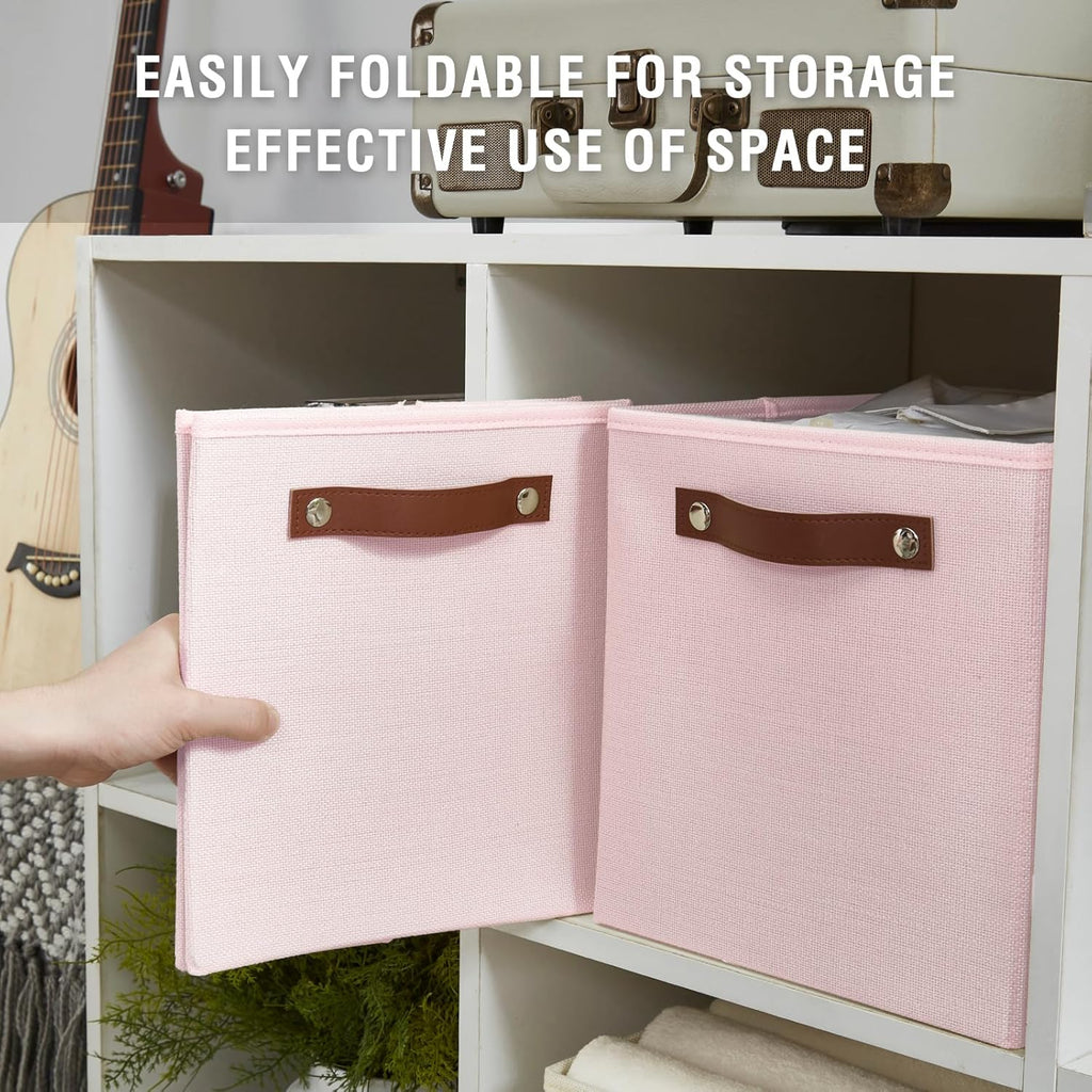 Collapsible Fabric Storage Cube Bins with 2 Reinforced PU Handles, Foldable Storage Organizer Baskets for Closet, Shelves, Living Room | 11"x11"x11", 4 Pack, Full Pink