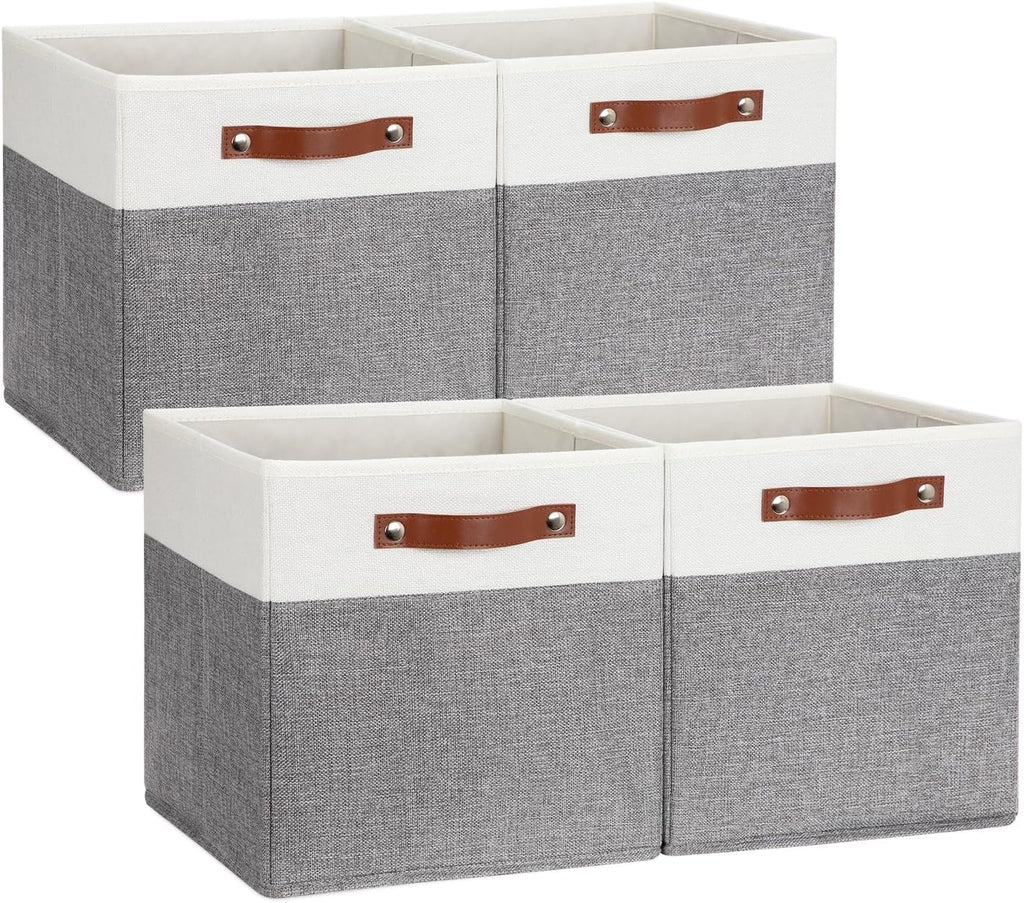 DULLEMELO Storage Cubes 12 inch, Collapsible Sturdy Cube Storage Bins With Handles for Organizing,Fabric Storage Baskets for Shelves Nursery Closet Home Organization and Storage (White&Grey-4 Pack)
