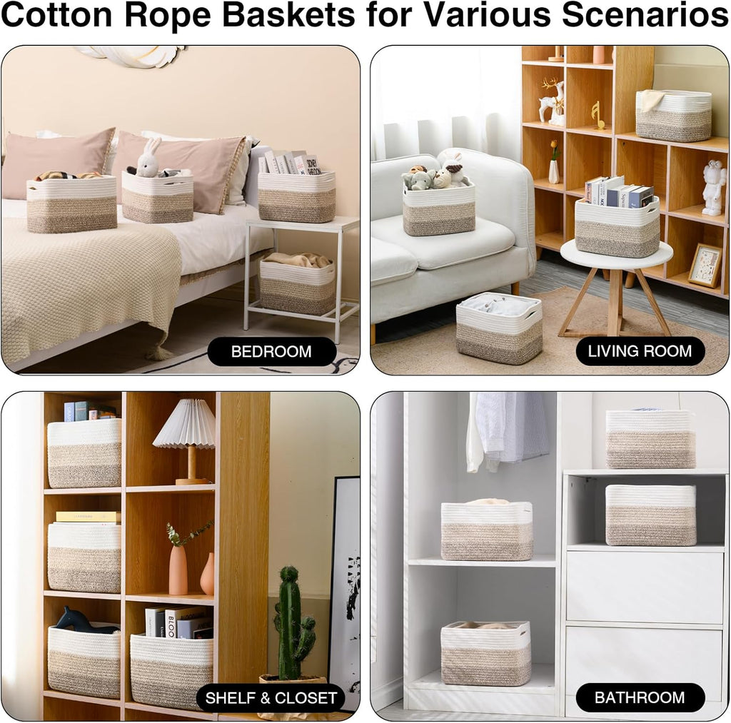 Small Storage Baskets for Organizing Shelves, Woven Cotton Rope Basket for Storage, Cute Rectangular Book Toy Baskets, 12.7"×9.1"×7.9", 4 Packs, Gradient Brown