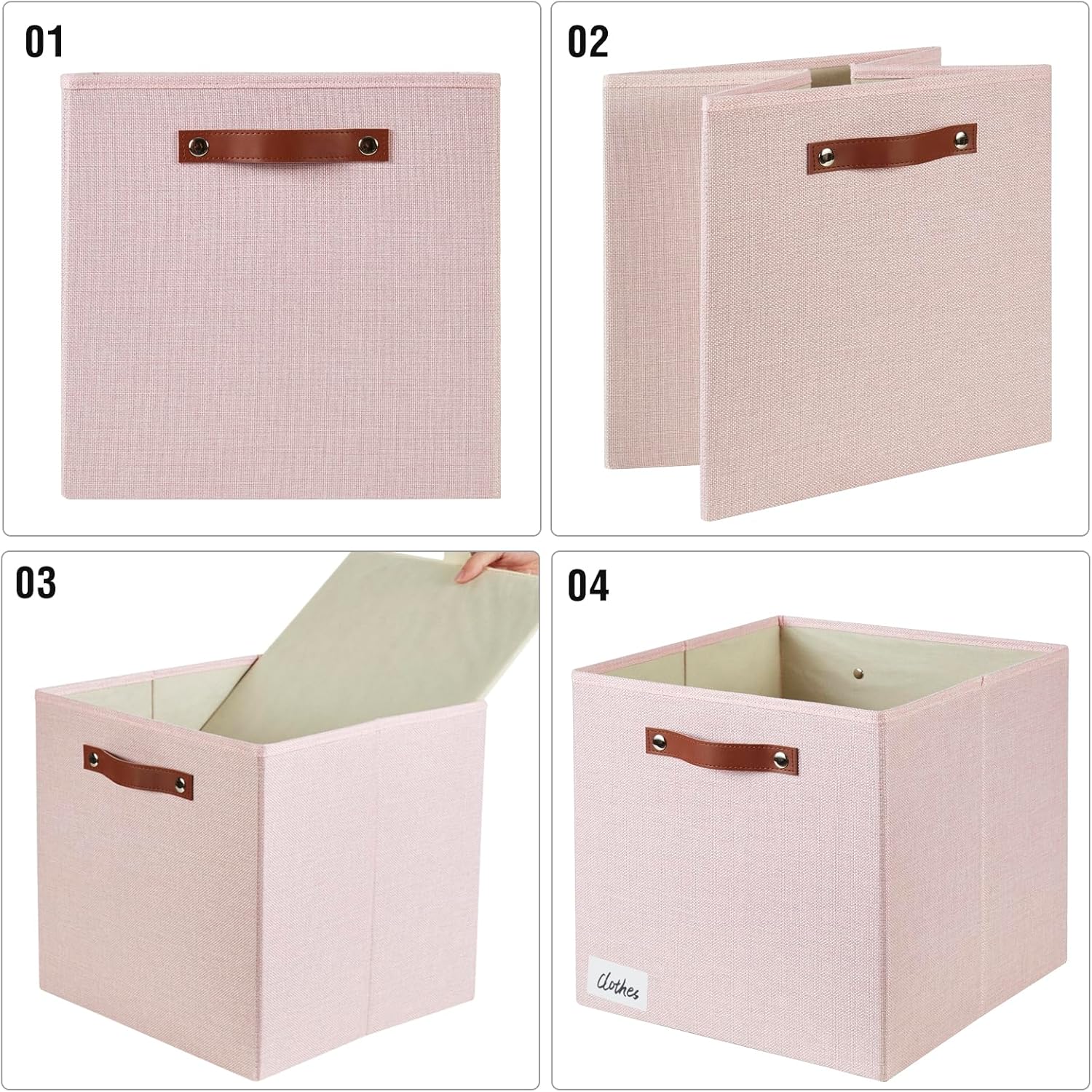 Collapsible Fabric Storage Cube Bins with 2 Reinforced PU Handles, Foldable Storage Organizer Baskets for Closet, Shelves, Living Room | 13"x13"x13", 4 Pack, Full Pink