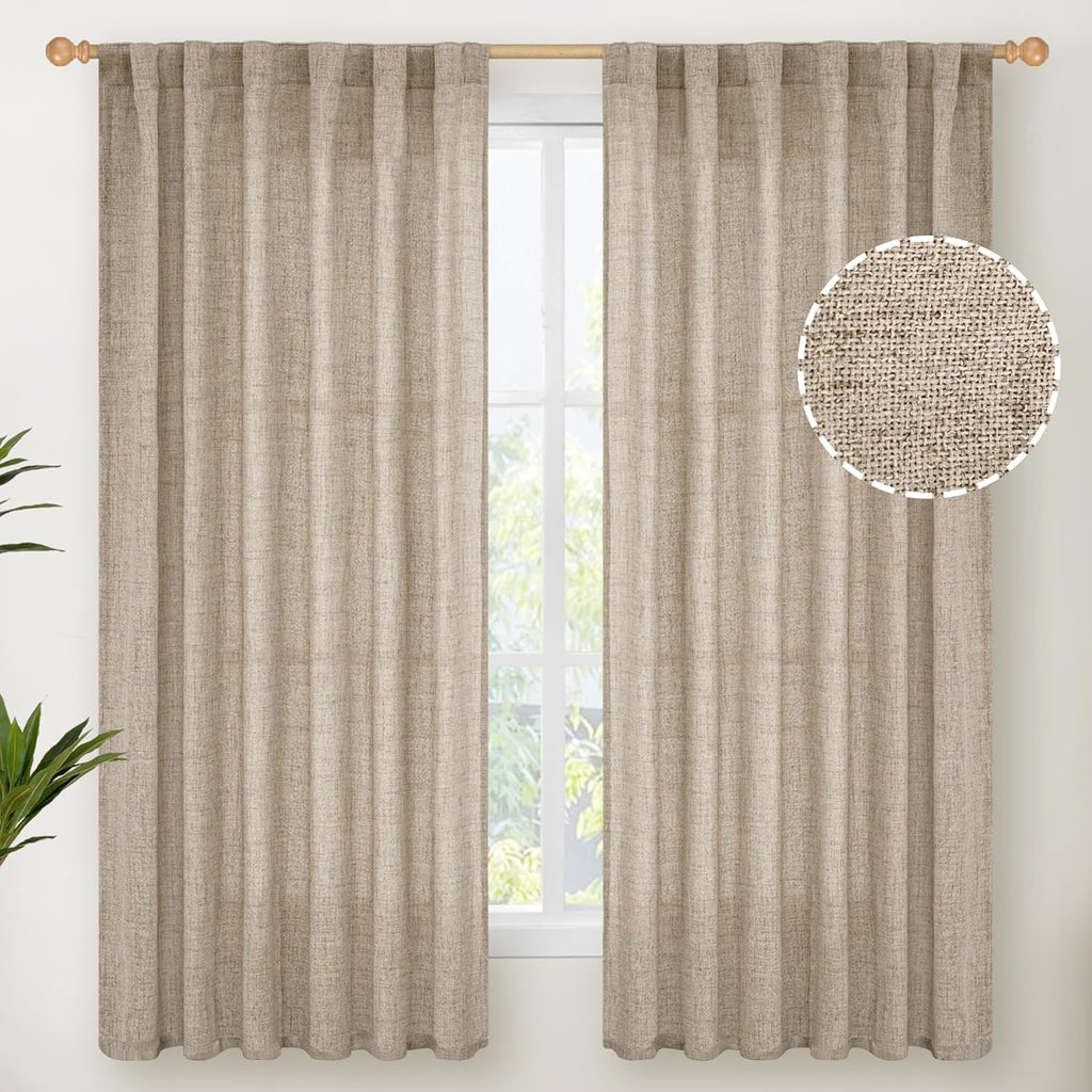 YoungsTex Dark Oatmeal Curtains 63 Inches Long for Living Room Window, Linen Semi Sheer Drapes Light Filtering with Rod Pocket Back Tab for Bedroom Farmhouse Rustic Privacy, 2 Panels, 52 X 63 Inch