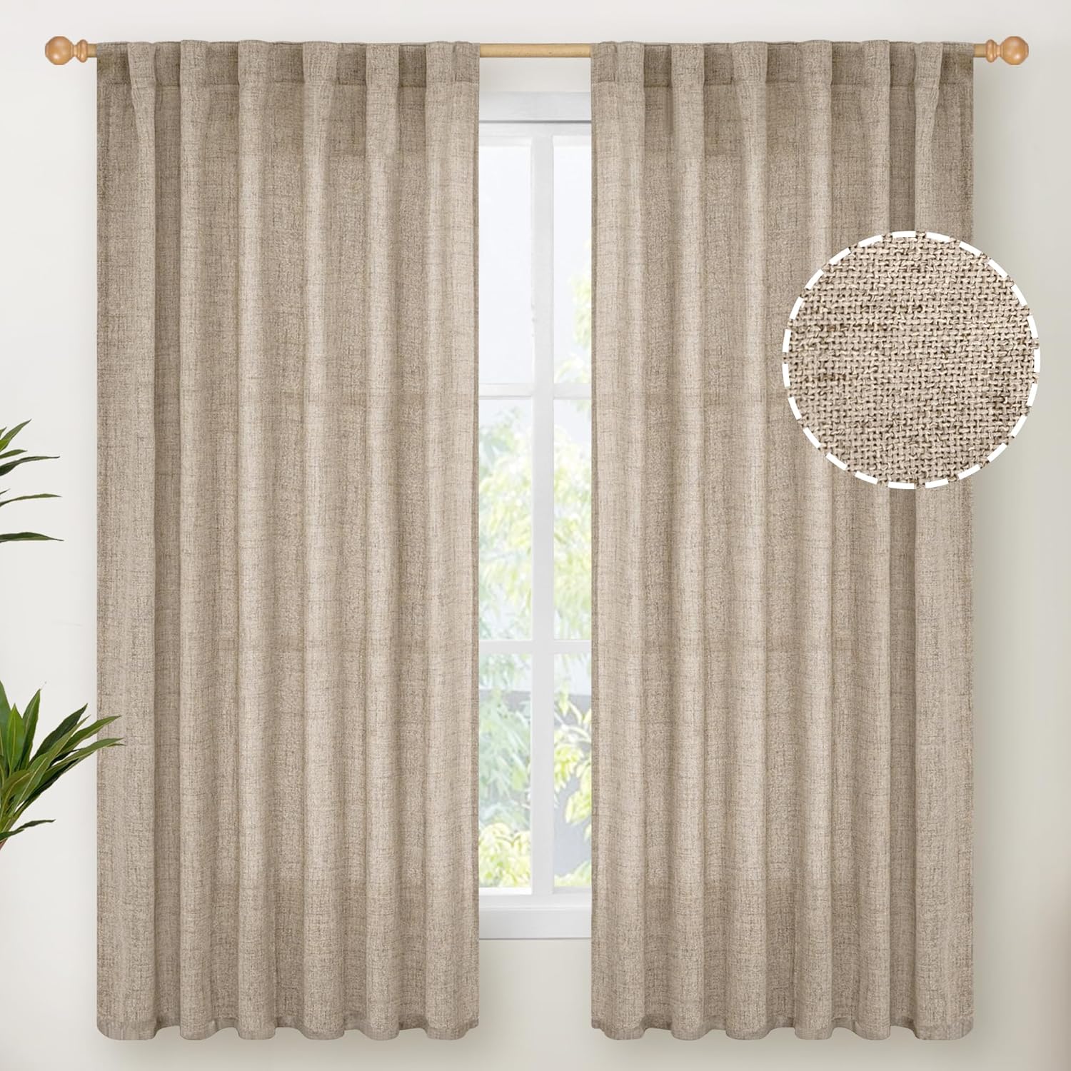 YoungsTex Dark Oatmeal Curtains 63 Inches Long for Living Room Window, Linen Semi Sheer Drapes Light Filtering with Rod Pocket Back Tab for Bedroom Farmhouse Rustic Privacy, 2 Panels, 52 X 63 Inch