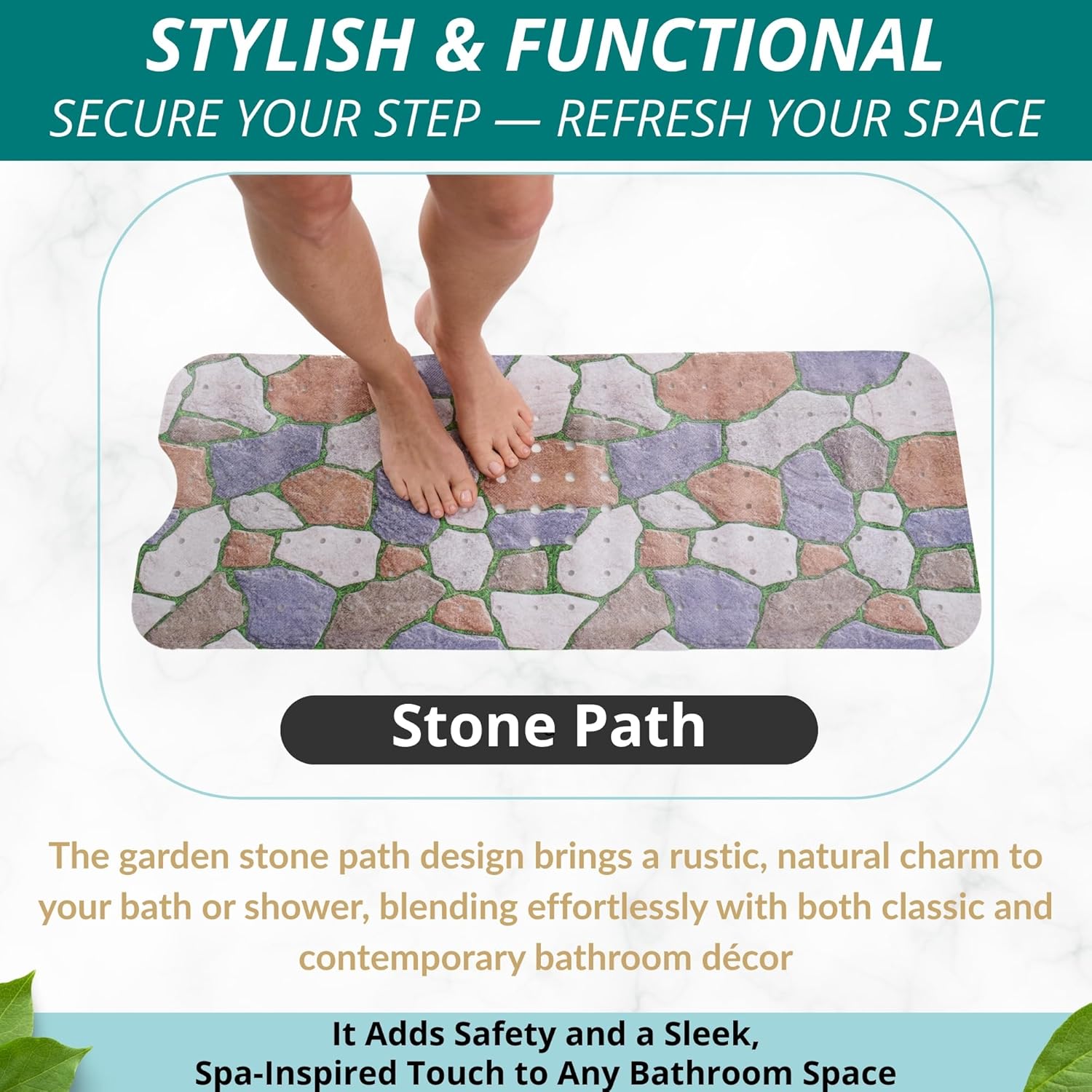 ENKOSI Bath Mat – Large 40 x 16 Inch Non-Slip Bathtub Mat with Secure Suction Cups & Drain Holes – Extra Long Bathroom Shower Mat for Tub with Stone Path Design (40x16 Stone Path)