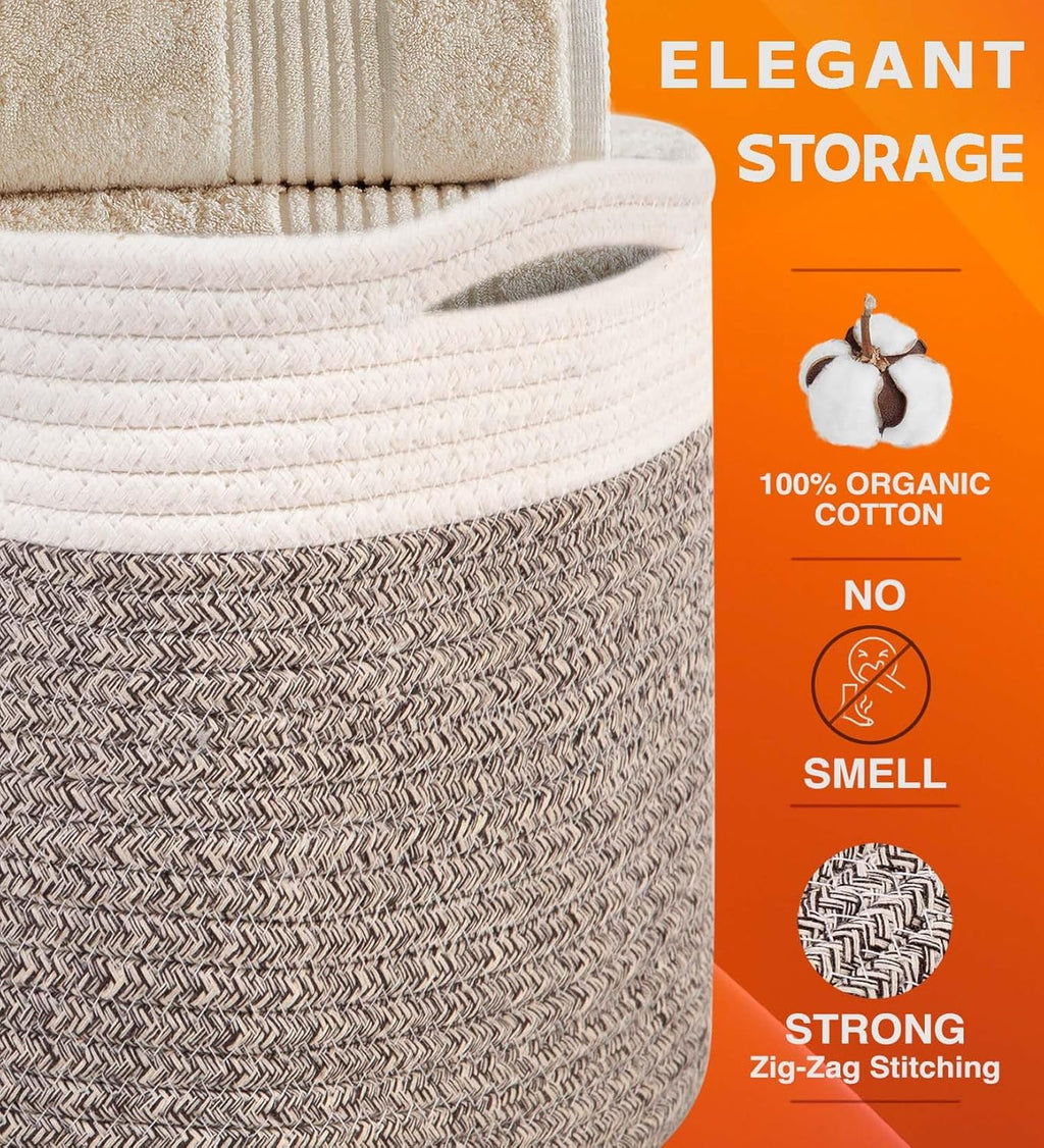 CHAT BLANC Cotton Rope Baskets for Organizing | 15”x10”x9” Storage Baskets for Shelves | Small Laundry Woven Baskets for Storage, Dog Toy Bin, Baby Basket,Off White&Brown 3 Pack