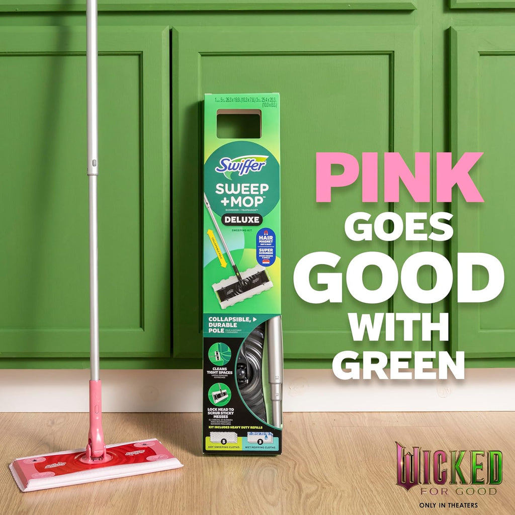 Swiffer Sweep and Mop Deluxe, Limited Edition Pink Wicked: for Good, 2-in-1 Floor Mopping and Sweeping Kit, 1 Sweeper Device, 5 Heavy Duty Dry Sweeping Cloths, 3 Heavy Duty Wet Mopping Cloths