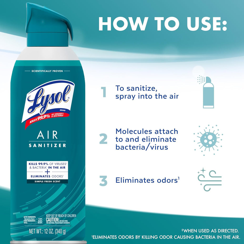 Lysol Air Sanitizer Spray with Odor Eliminator for Home & Office, Sanitizing Spray, Air Freshener Alternative, Simple Fresh Scent, 10 oz (Pack of 3)