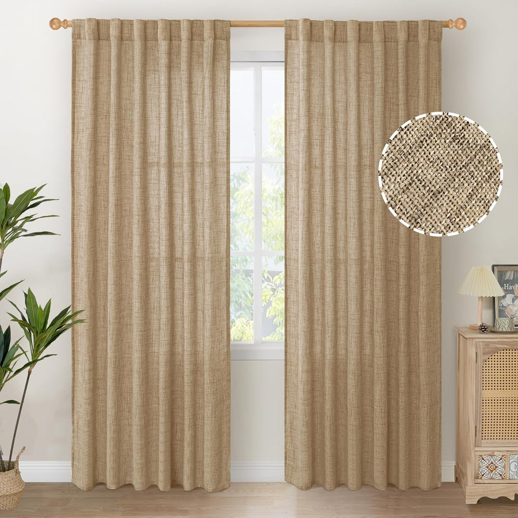 YoungsTex Toffee Linen Curtains 84 Inch Length 2 Panels for Farmhouse Living Room, Light Filtering Back Tab Burlap Textured Window Drapes for Bedroom Rod Pocket Rustic/Country, 52 X 84 Inch