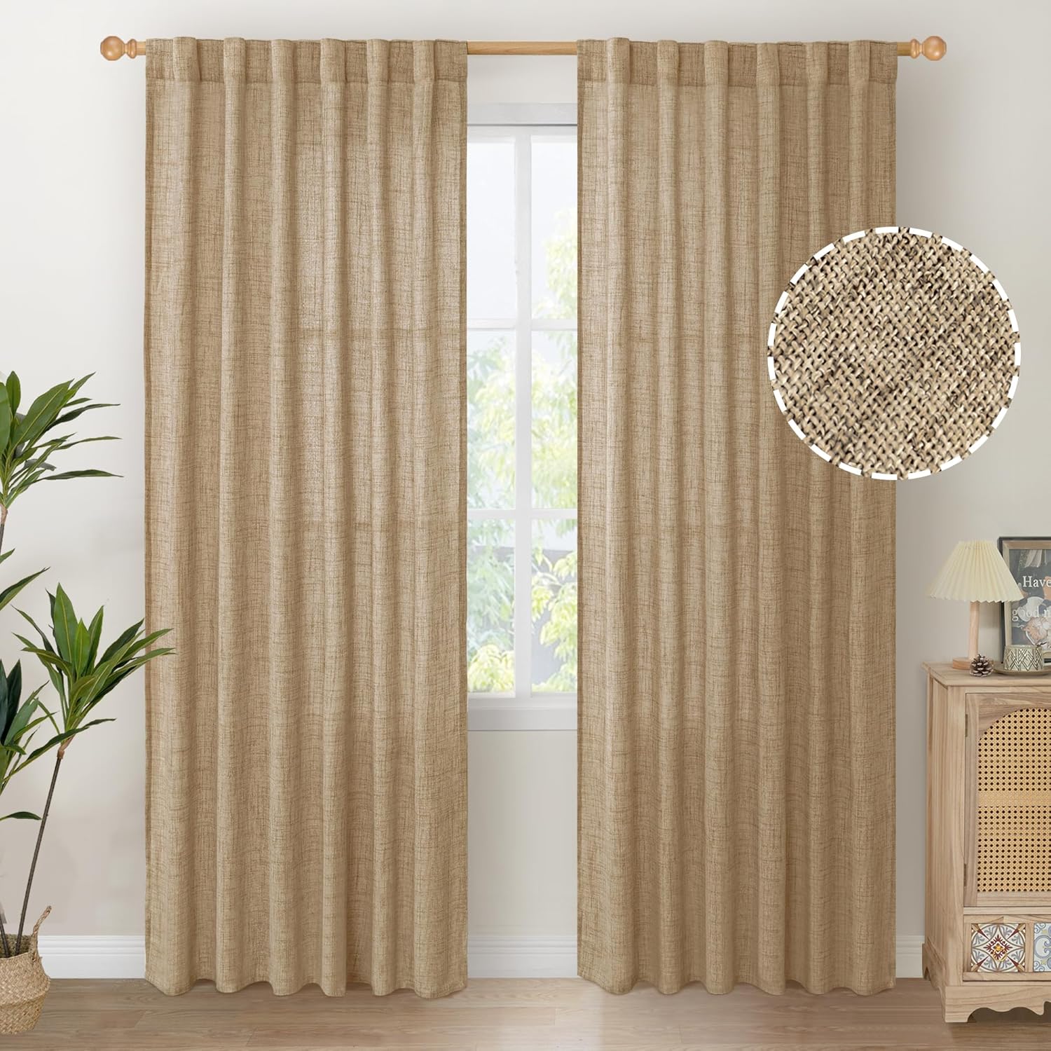 YoungsTex Toffee Linen Curtains 84 Inch Length 2 Panels for Farmhouse Living Room, Light Filtering Back Tab Burlap Textured Window Drapes for Bedroom Rod Pocket Rustic/Country, 52 X 84 Inch