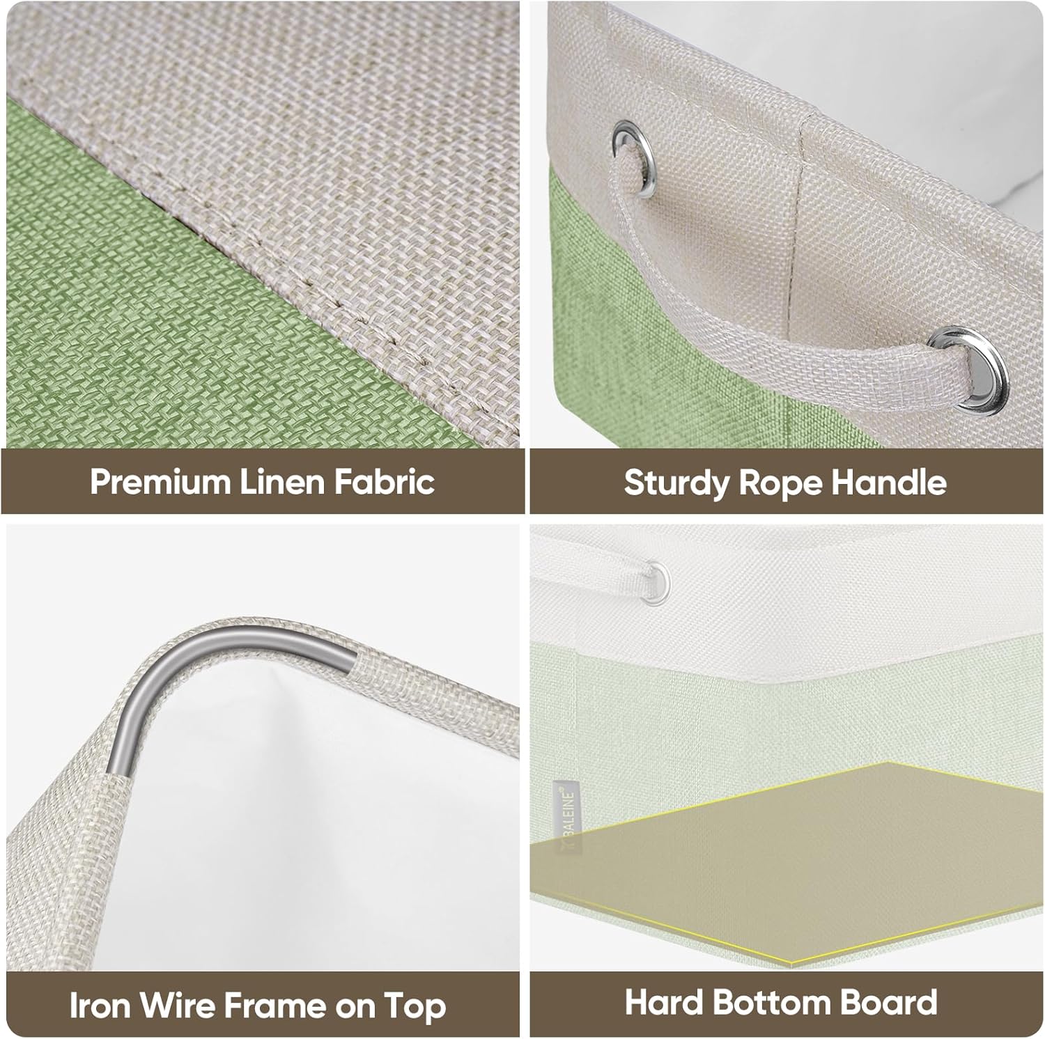 BALEINE 3 Pack Fabric Storage Bins for Shelves, Linen Storage Baskets for Organizing, Decorative Closet Bins for Clothes, Home (Green, 15''x11''x9.5'')