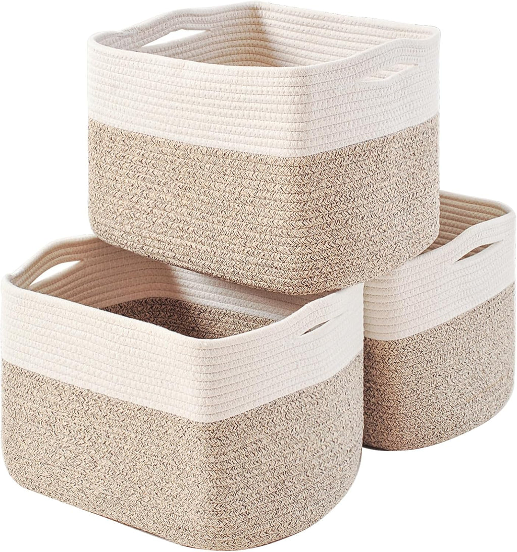 Storage Baskets for Organizing, Woven Cotton Rope Basket for Storage Books, Baby Organizing Baskets, Toy Storage Basket, 15"x11"x9.5", 3 Packs, Off White & Brown