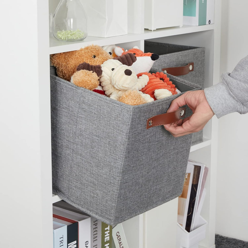 DULLEMELO 11x11 Cube Collapsible Fabric Storage Bins for Shelf Organizing, Toy Square Bins, Kids Clothes Closet Baskets Storage, for Bedroom, Living Room, Dorm(Gray-4 Pack)