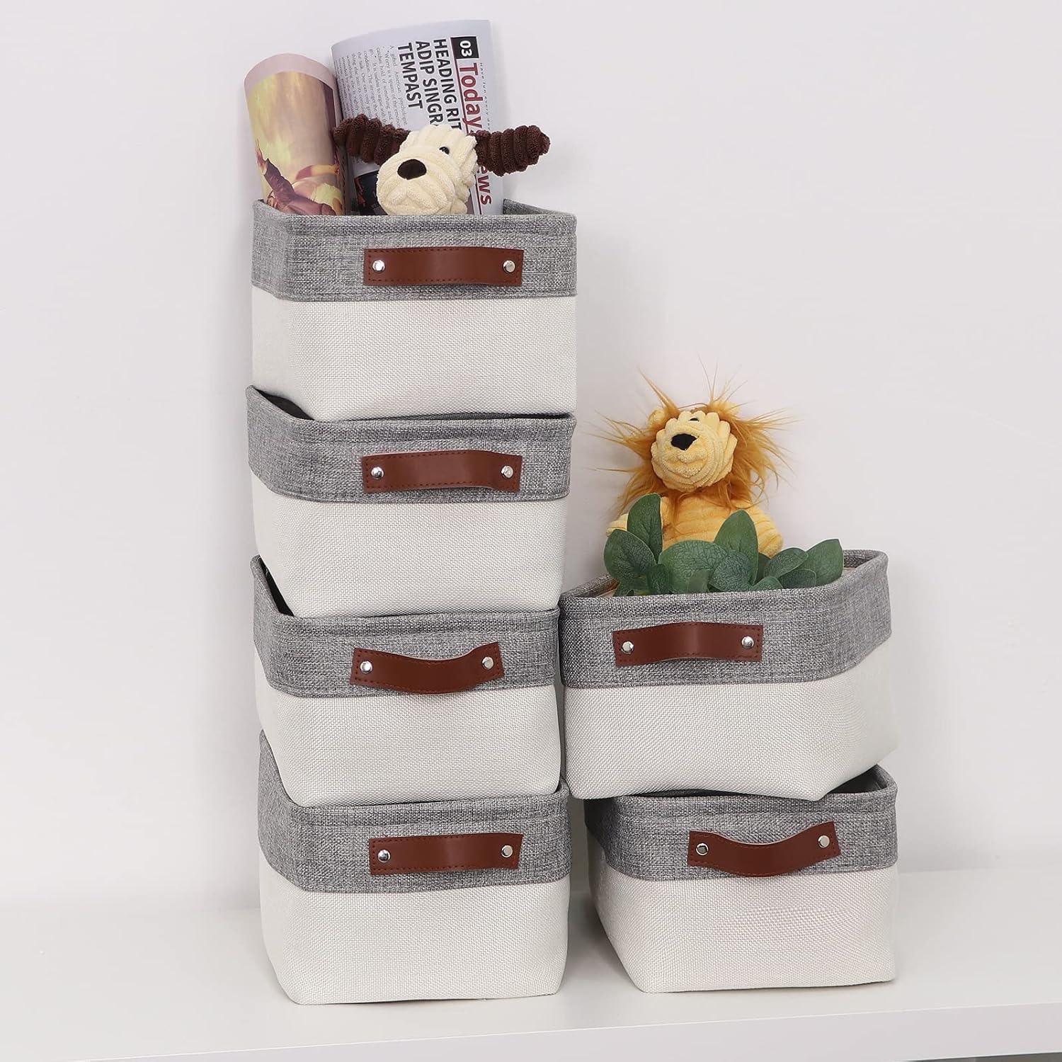 HNZIGE Small Storage Baskets for Organizing(6 Pack) Fabric Storage Baskets for Shelves, Baby Gift Baskets for Empty Closets, Laundry, Nursery, (Gray&White, 11.8" x 7.8" x 5.1")