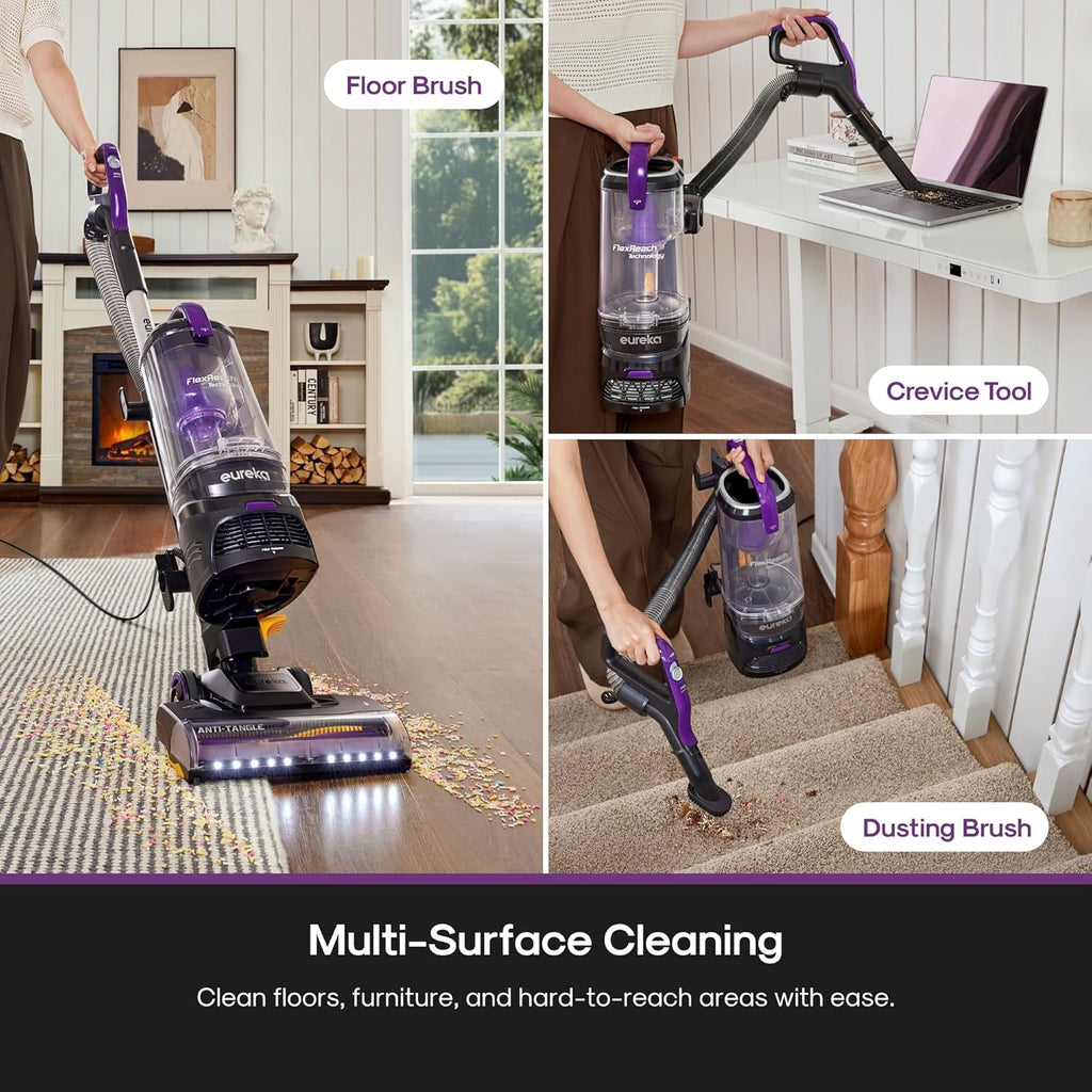 Eureka FlexReach Powerful Upright Vacuum Cleaner for Carpet and Hard Floor, Lift-Up Vacuum with Large Dust Cup, Anti-Tangle, NEU651PL, Purple