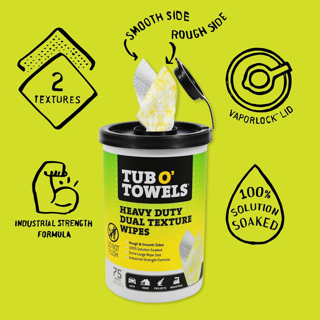 Tub O’ Towels TW75 Heavy-Duty 10" x 12" Size Multi-Surface Cleaning Wipes, Dual Texture, 75 Count Per Canister, 6 Pack