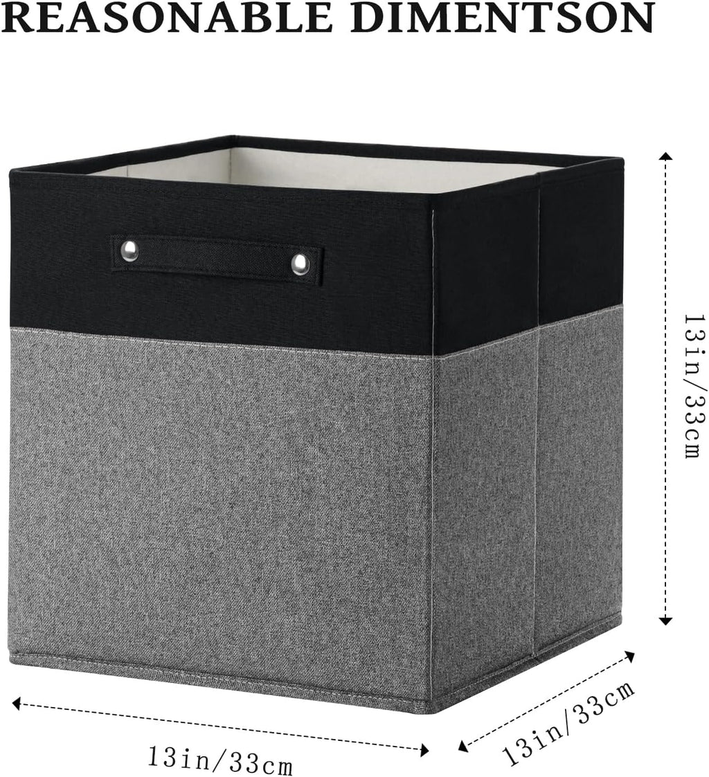 13 x 13 Inch Fine Linen Storage Bins with Handles，Fabric Cube Boxs，Collapsible Basket Organizers for Shelves for Home, Closet Drawers (Black/Gray-6 Pack)