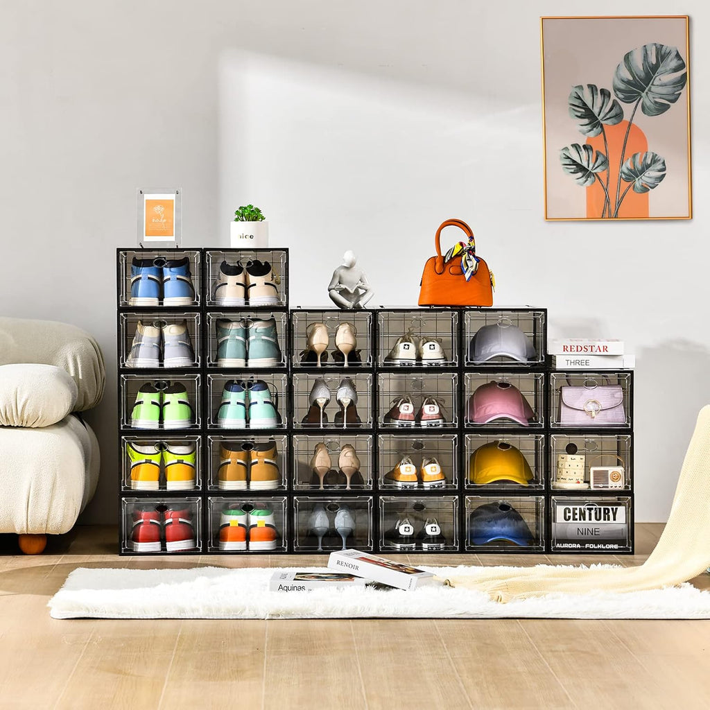 12 Pack Shoe Boxes Stackable,Upgraded Sturdy Shoe Storage Boxes with Clear Magnetic Door,Multifunctional Sneaker Storage, Shoe Box Organizer Fit up to US Size 12 Gray(13.8”x 9.84”x 7.1”)