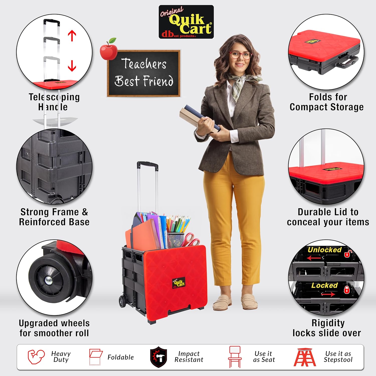 dbest products Quik Cart Collapsible Rolling Crate on Wheels for Teachers Tote Basket 80 lbs Capacity, Made from Heavy Duty Plastic and used as a Seat, Standard, Red