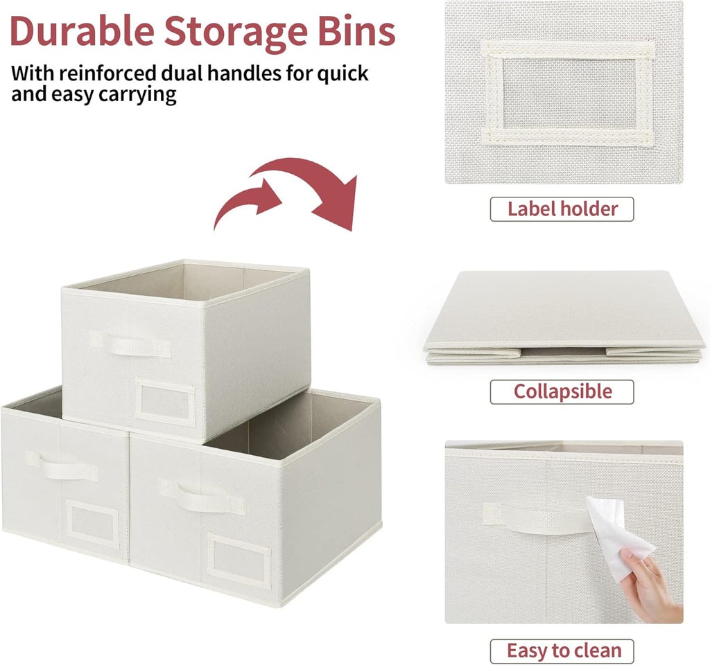 GRANNY SAYS Closet Organizer Bins with Label Holder, Fabric Storage Baskets, Foldable Storage Bins for Living Room, Decorative Storage Containers Organizing, Pearl White, 3-Pack