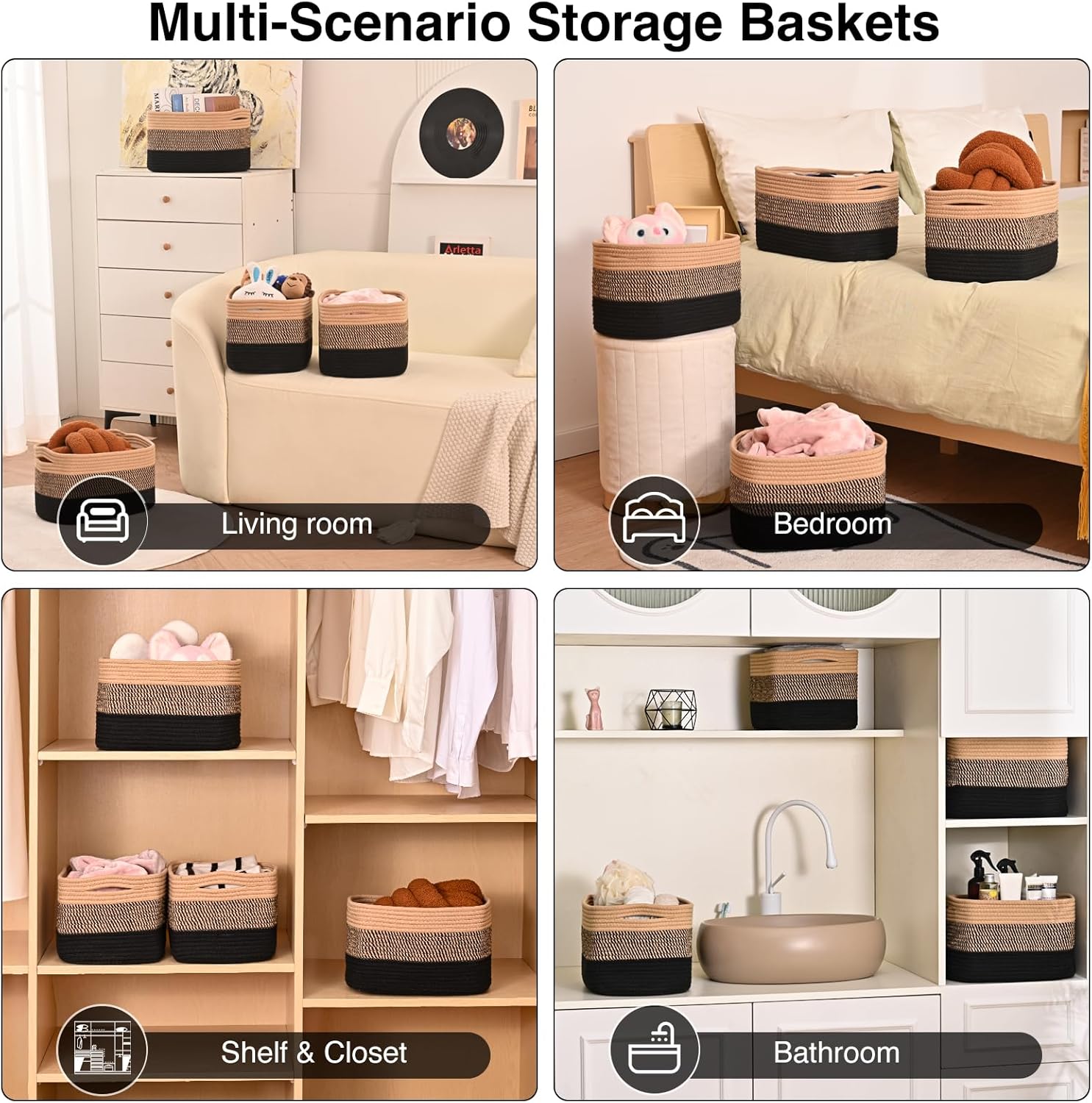 Storage Baskets for Shelves Organizing, Woven Cotton Rope Baskets for Storage, Book Basket, Towel Basket, 12.5"Lx9.1''Wx7.9''H (4 Packs) Gradient Black & Jute